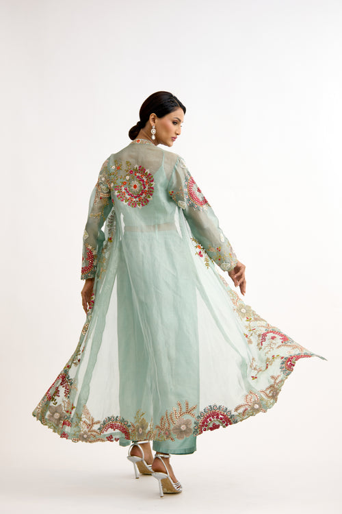 Aurora Beaded Satin Silk Indo Western With Cape Set