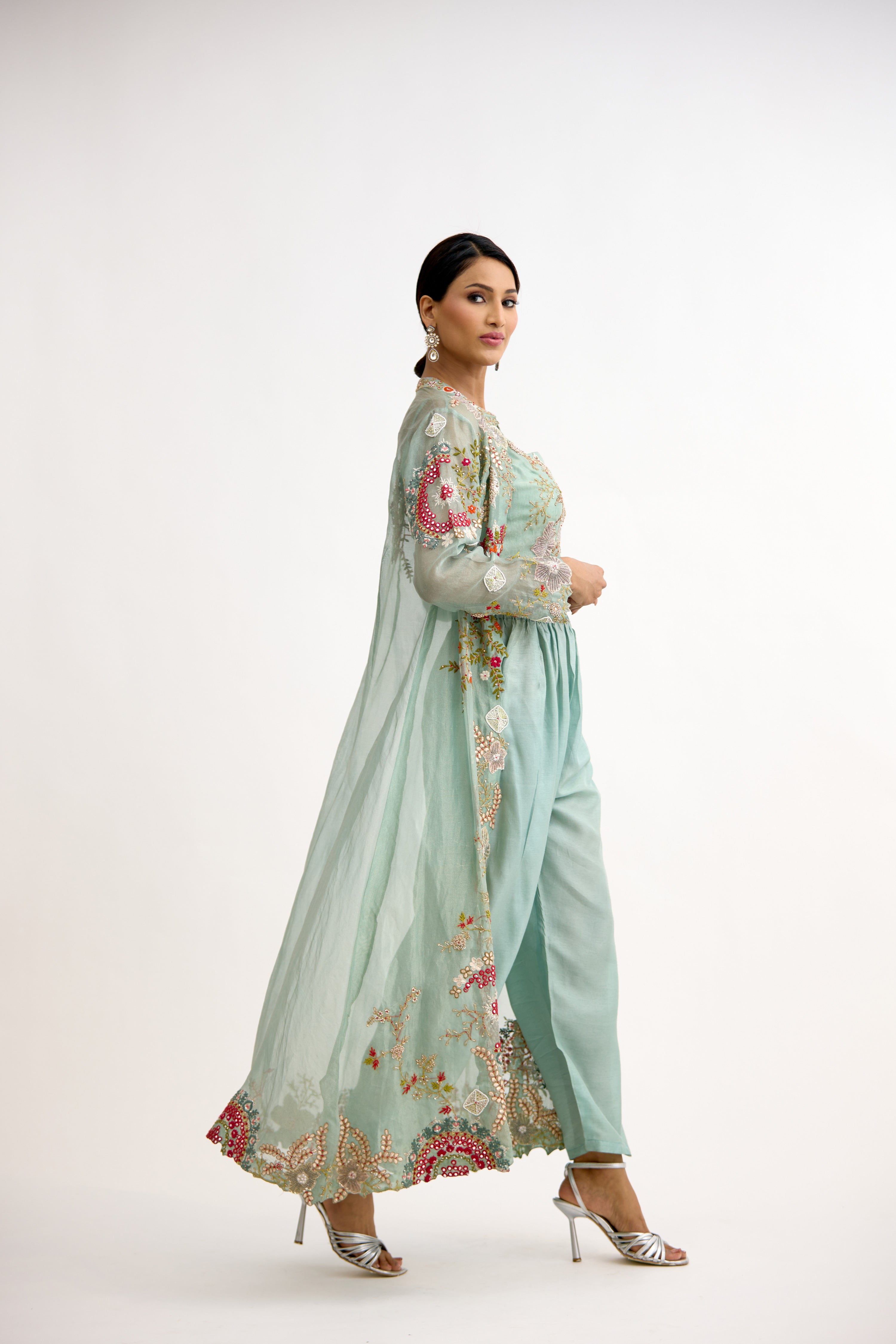 Aurora Beaded Satin Silk Indo Western With Cape Set