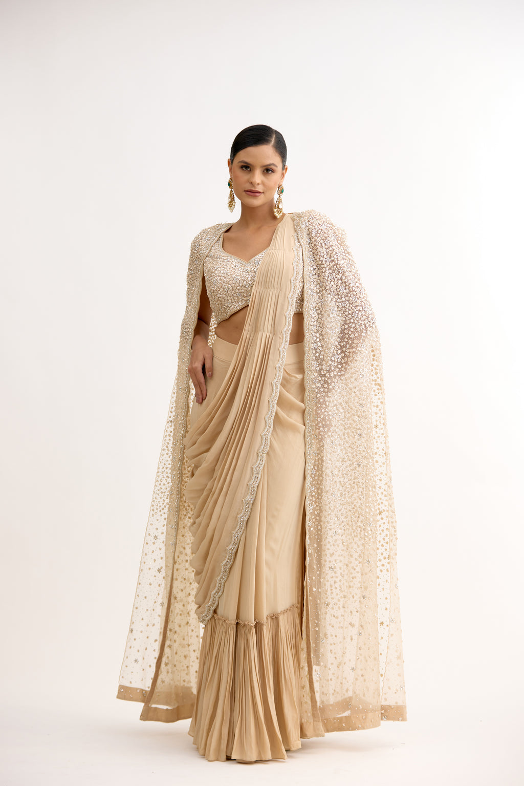 Noorani Sparkle Cutdana Cape Style Saree Set