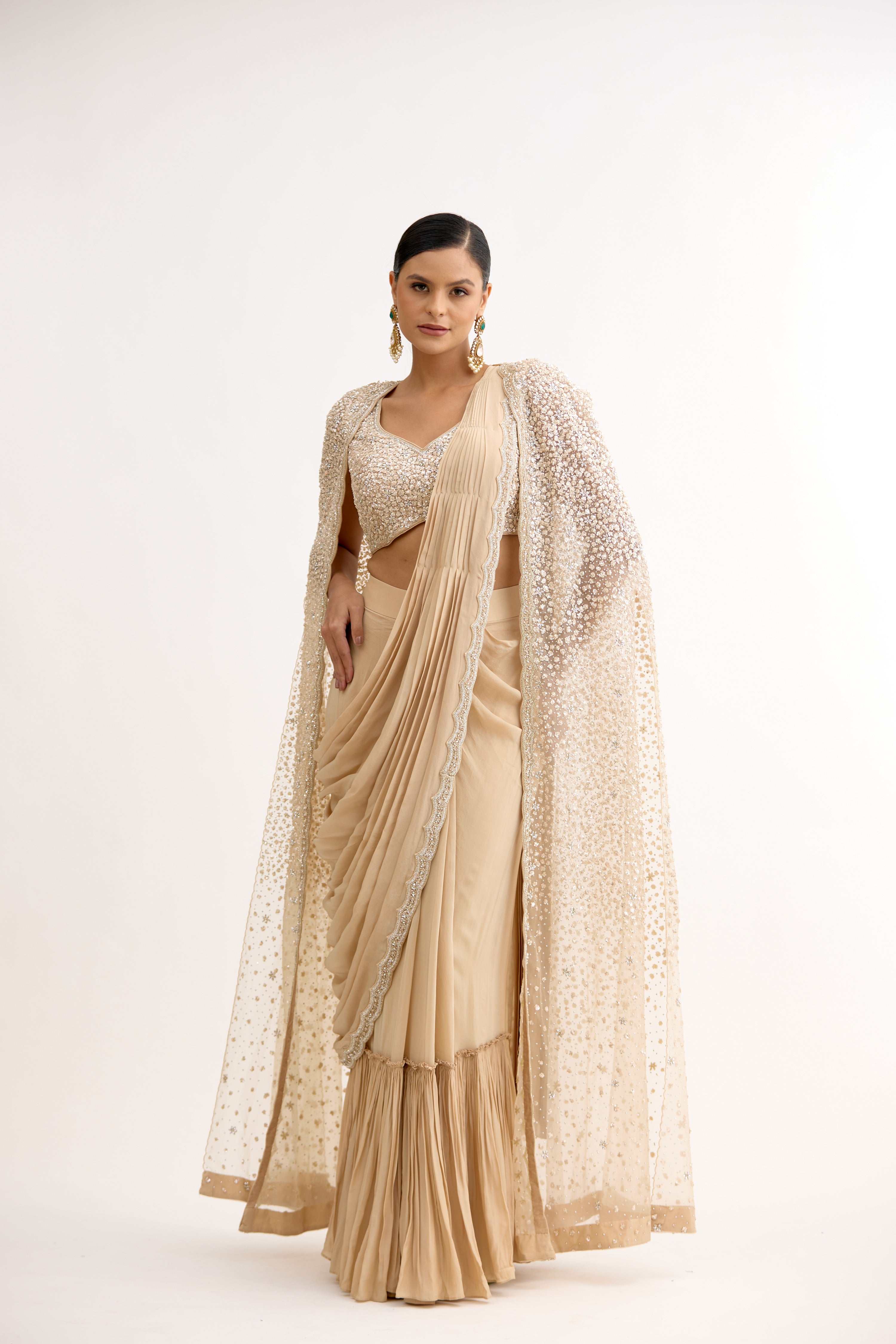 Noorani Sparkle Cutdana Cape Style Saree Set