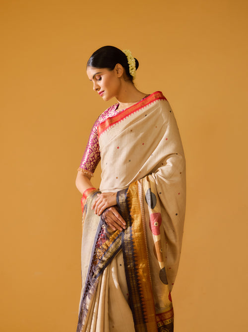 Beige Heirloom Real Gold Monga Tussar Silk Saree