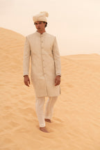 Nawab-E-Khaas Silk Paisley All-Over Moti Work & Paisley Resham Embroidery Sherwani