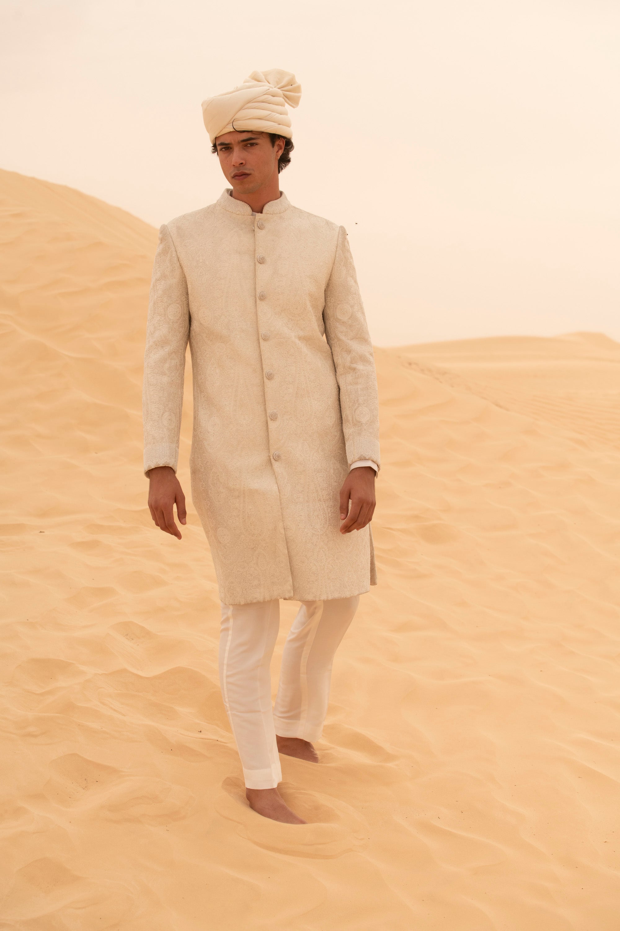 Nawab-E-Khaas Silk Paisley All-Over Moti Work & Paisley Resham Embroidery Sherwani