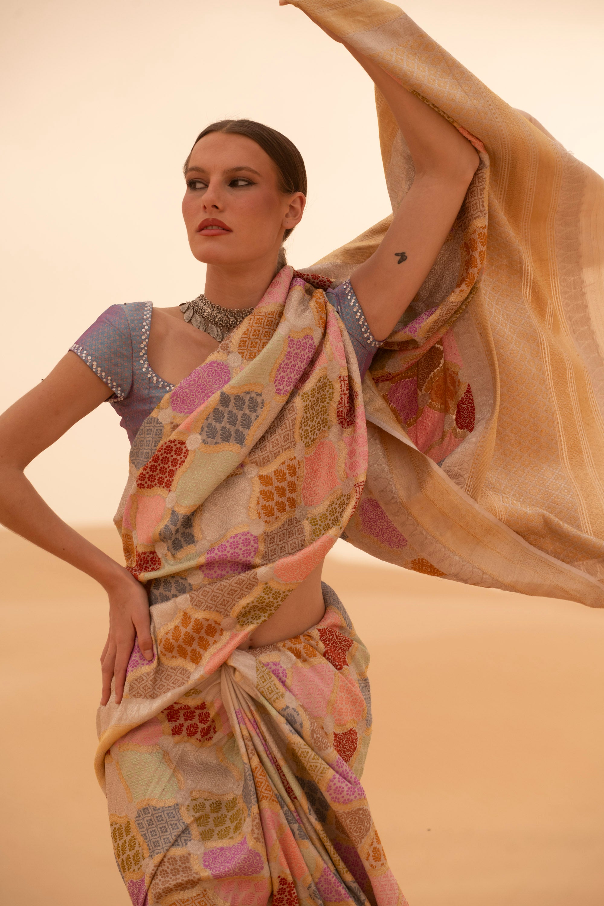 Ethereal Beige Tussar Georgette Saree