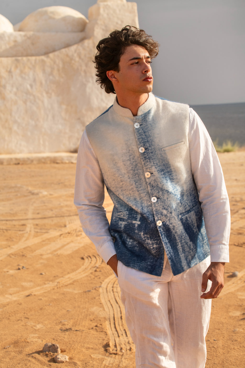 Royal Mist Hand-Spray Pure Cashmere Nehru Jacket