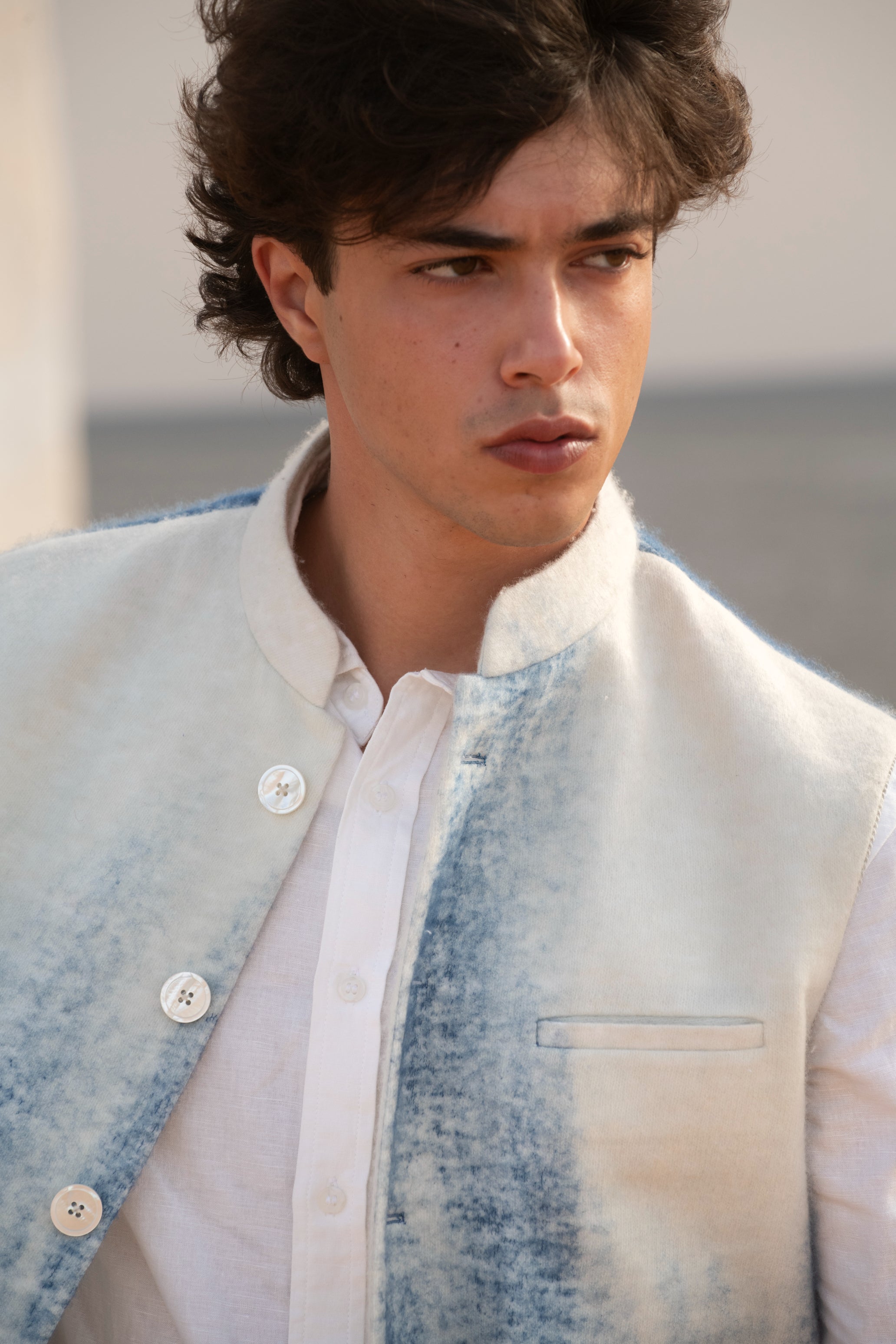 Royal Mist Hand-Spray Pure Cashmere Nehru Jacket