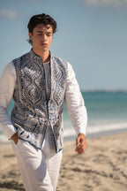 Rajsi Pearl Moti Paisley Design Dori Front Line Silk Nehru Jacket