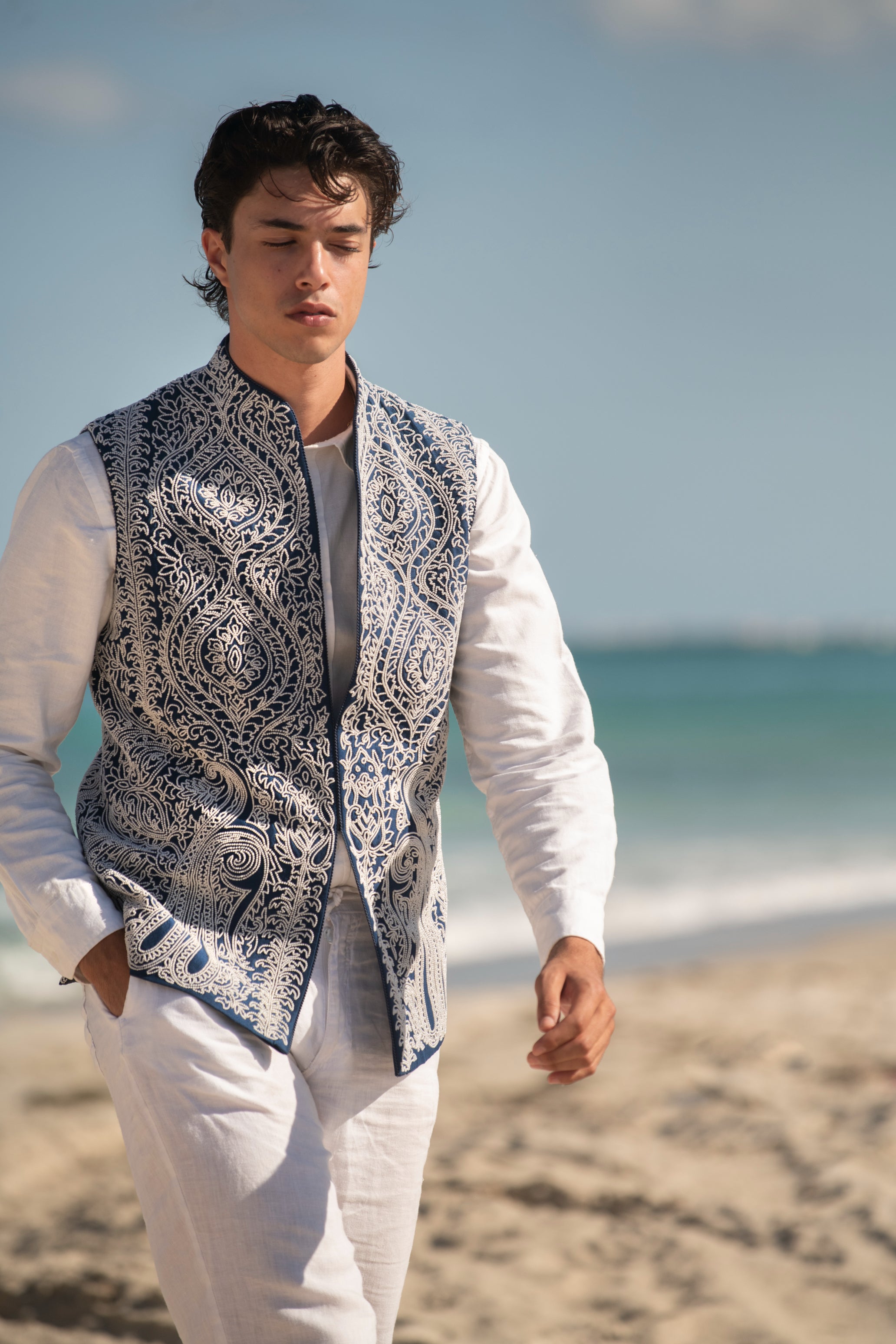 Rajsi Pearl Moti Paisley Design Dori Front Line Silk Nehru Jacket
