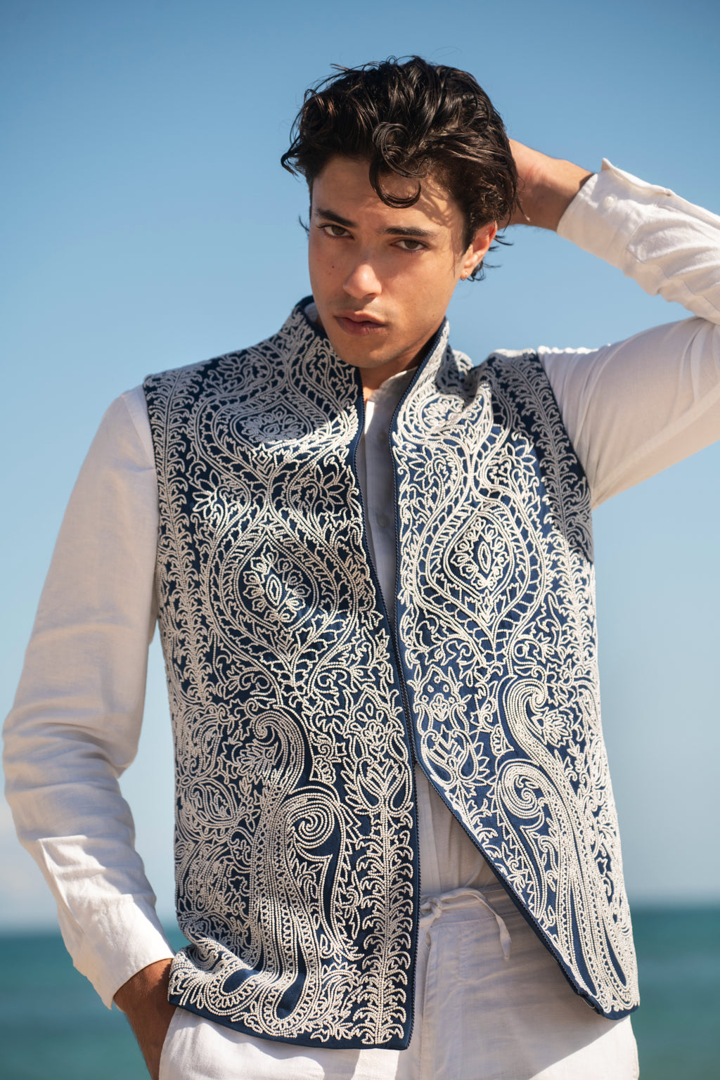 Rajsi Pearl Moti Paisley Design Dori Front Line Silk Nehru Jacket