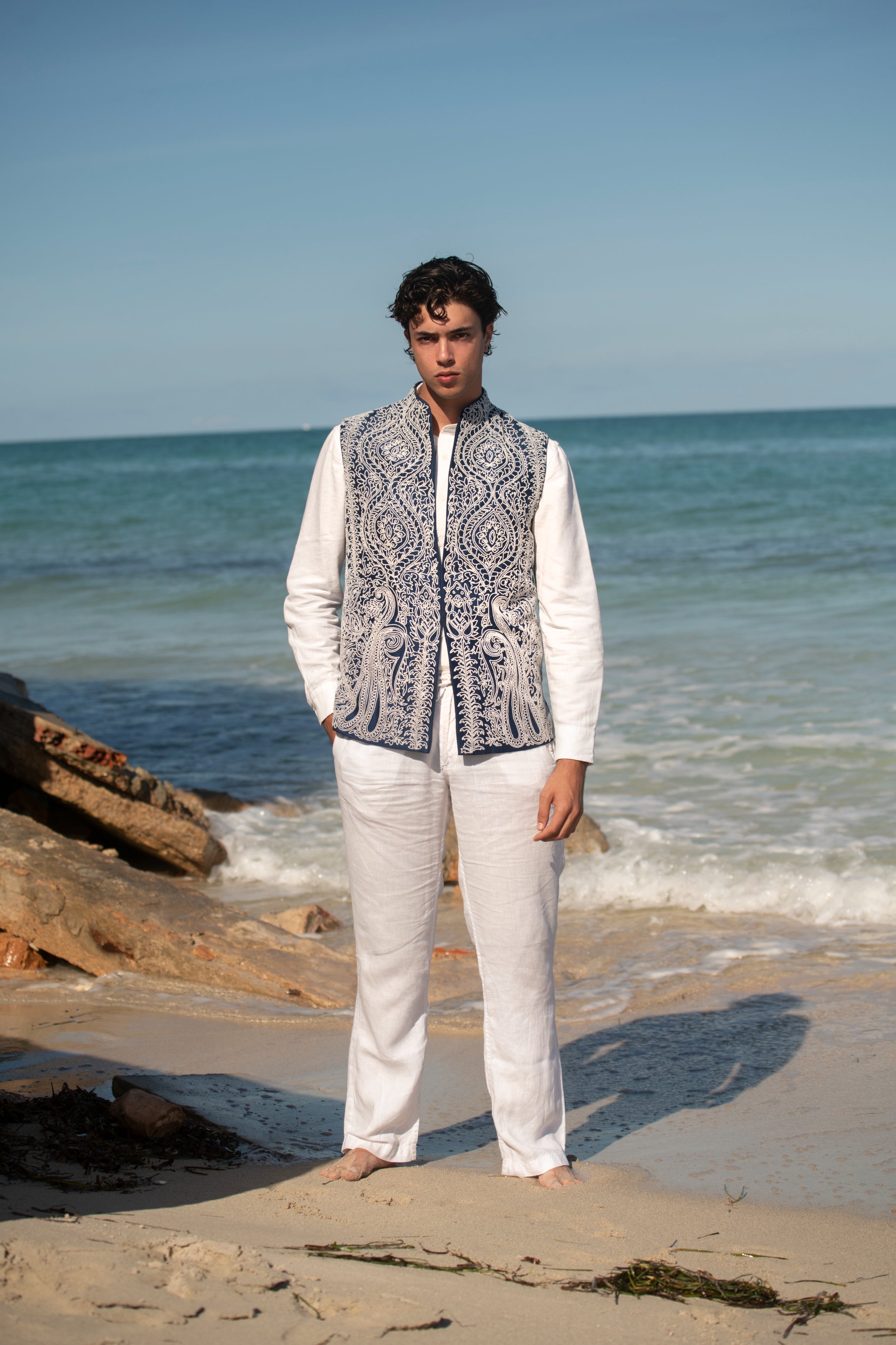 Rajsi Pearl Moti Paisley Design Dori Front Line Silk Nehru Jacket