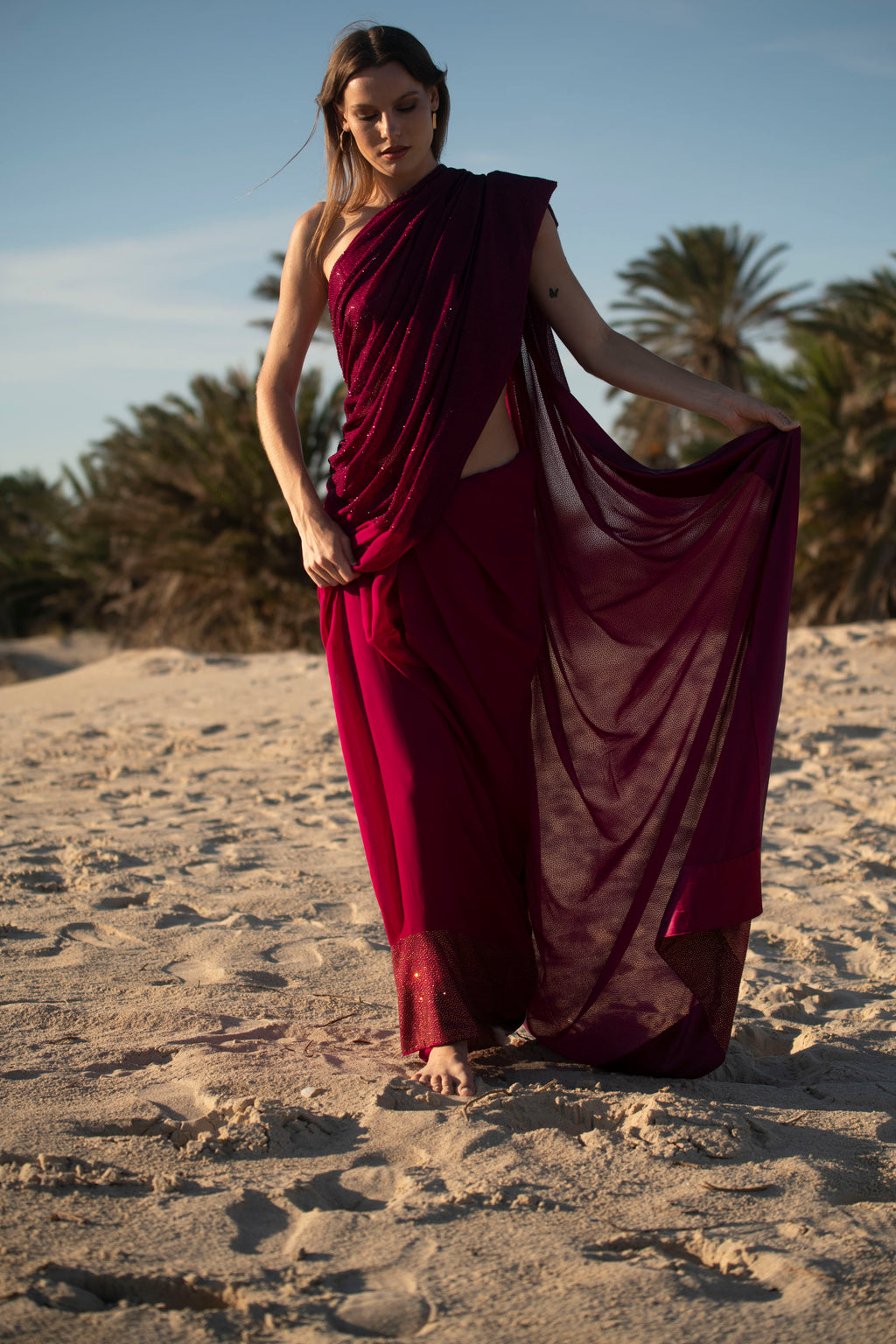 Burgundy Royale Crystal Georgette Saree