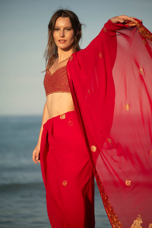 Crimson Regalia Tilla Work Georgette Saree