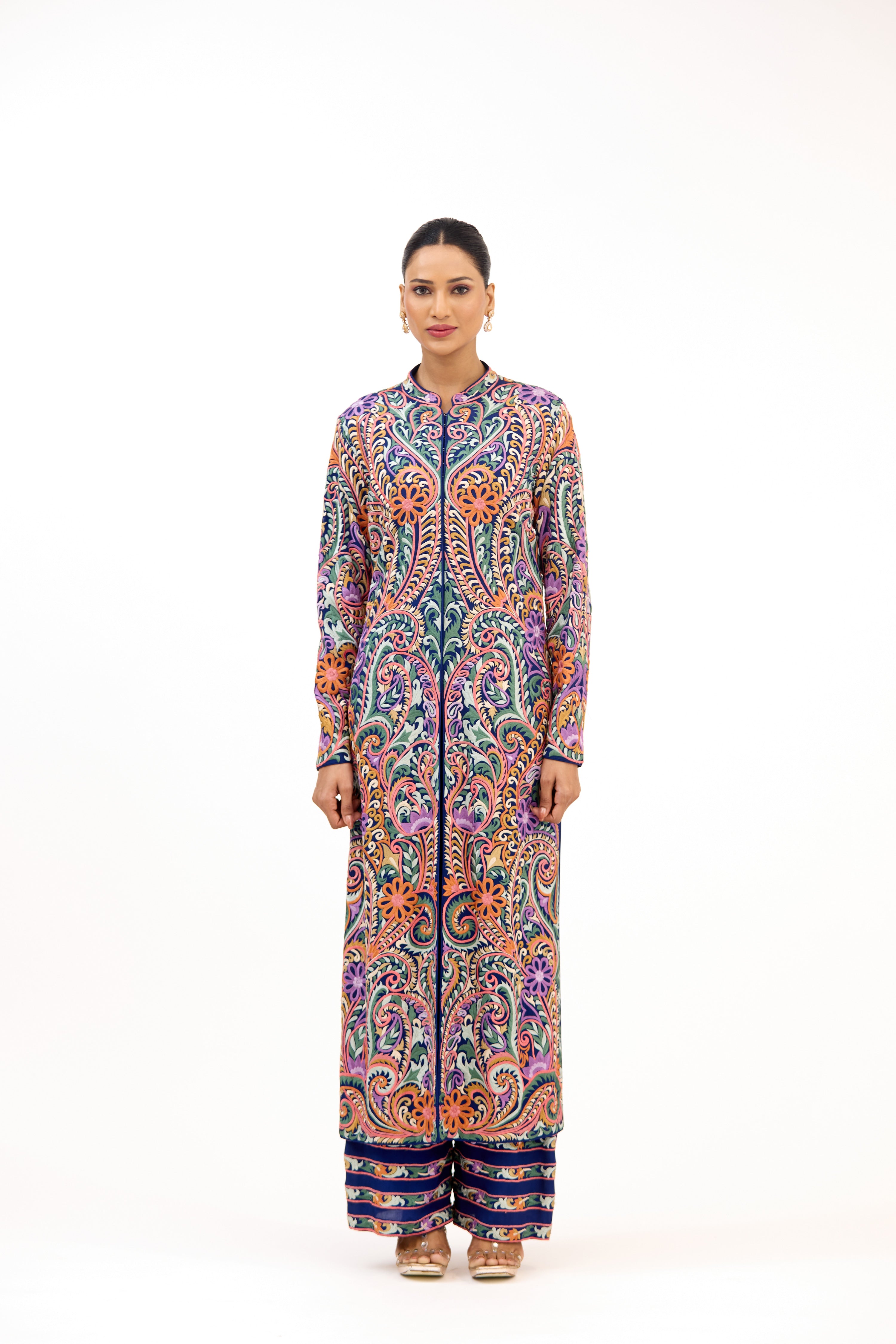 PushpLeher Multicolour Threadwork Paisley Floral Georgette Straight Suit