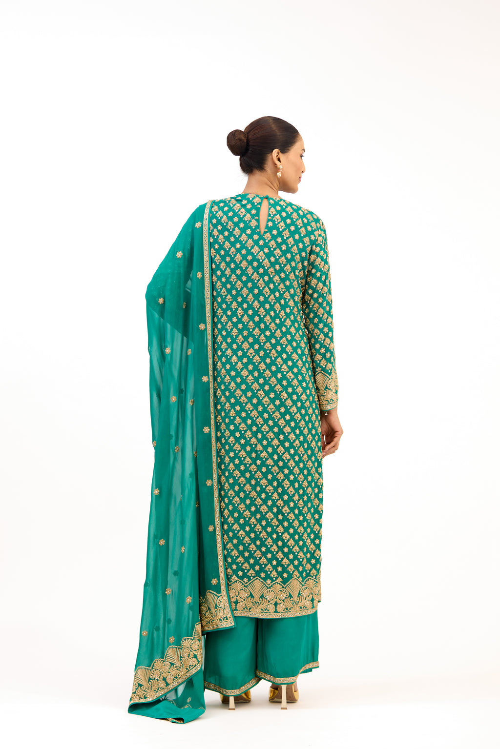 Teal Vastra Gold-Embroidered Bootidar Georgette Straight Suit Set