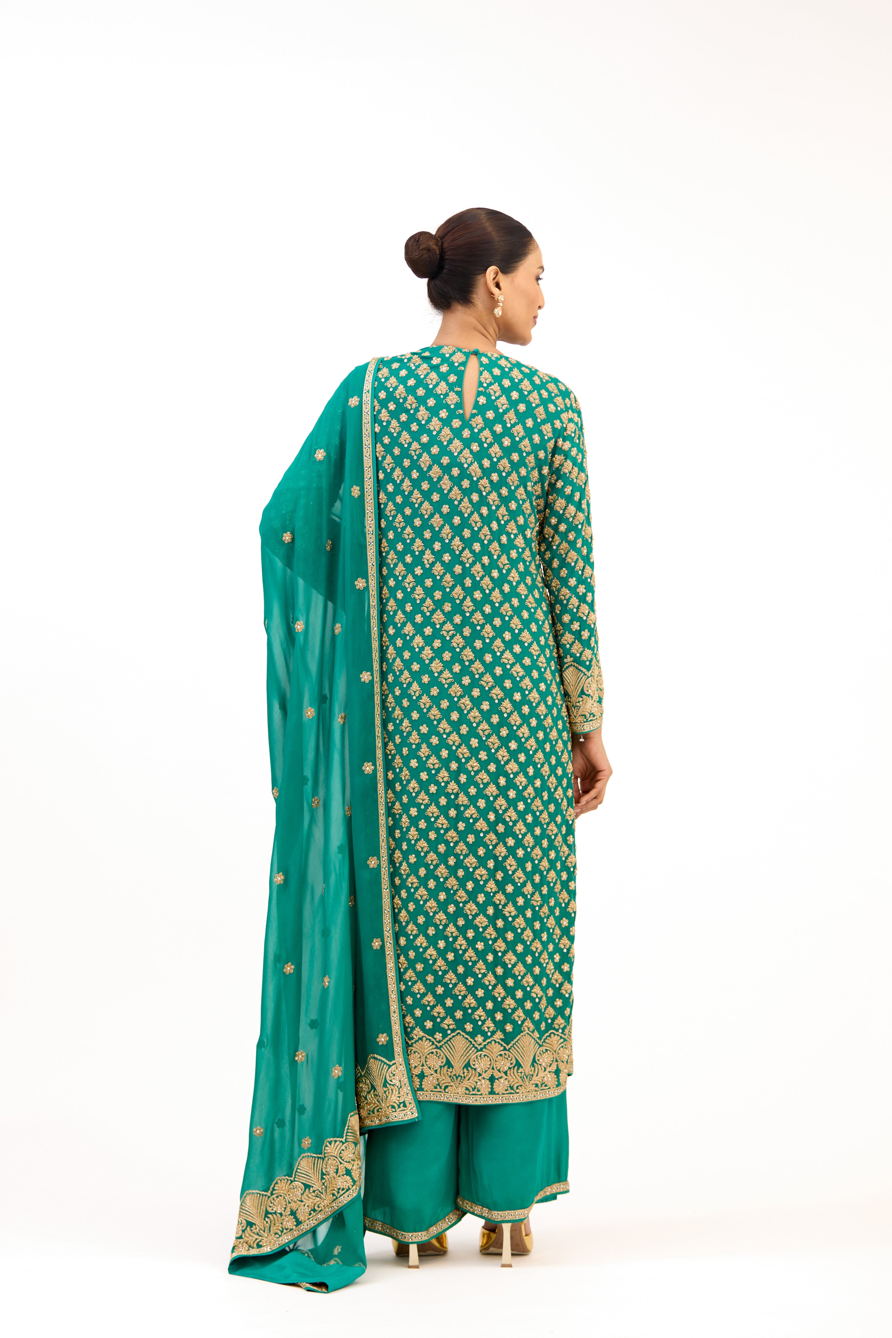 Teal Vastra Gold-Embroidered Bootidar Georgette Straight Suit Set