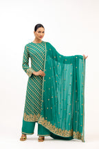 Teal Vastra Gold-Embroidered Bootidar Georgette Straight Suit Set