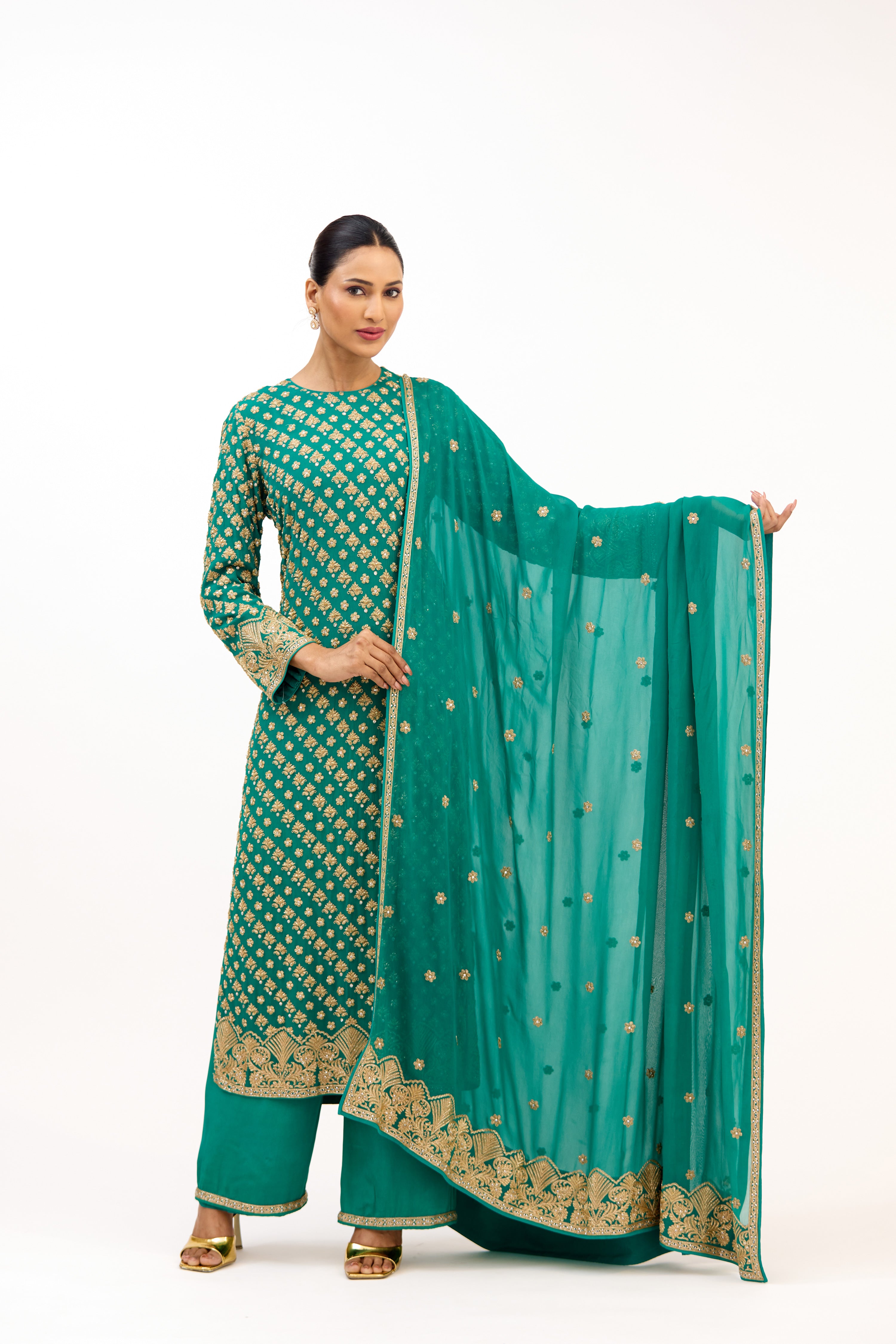 Teal Vastra Gold-Embroidered Bootidar Georgette Straight Suit Set