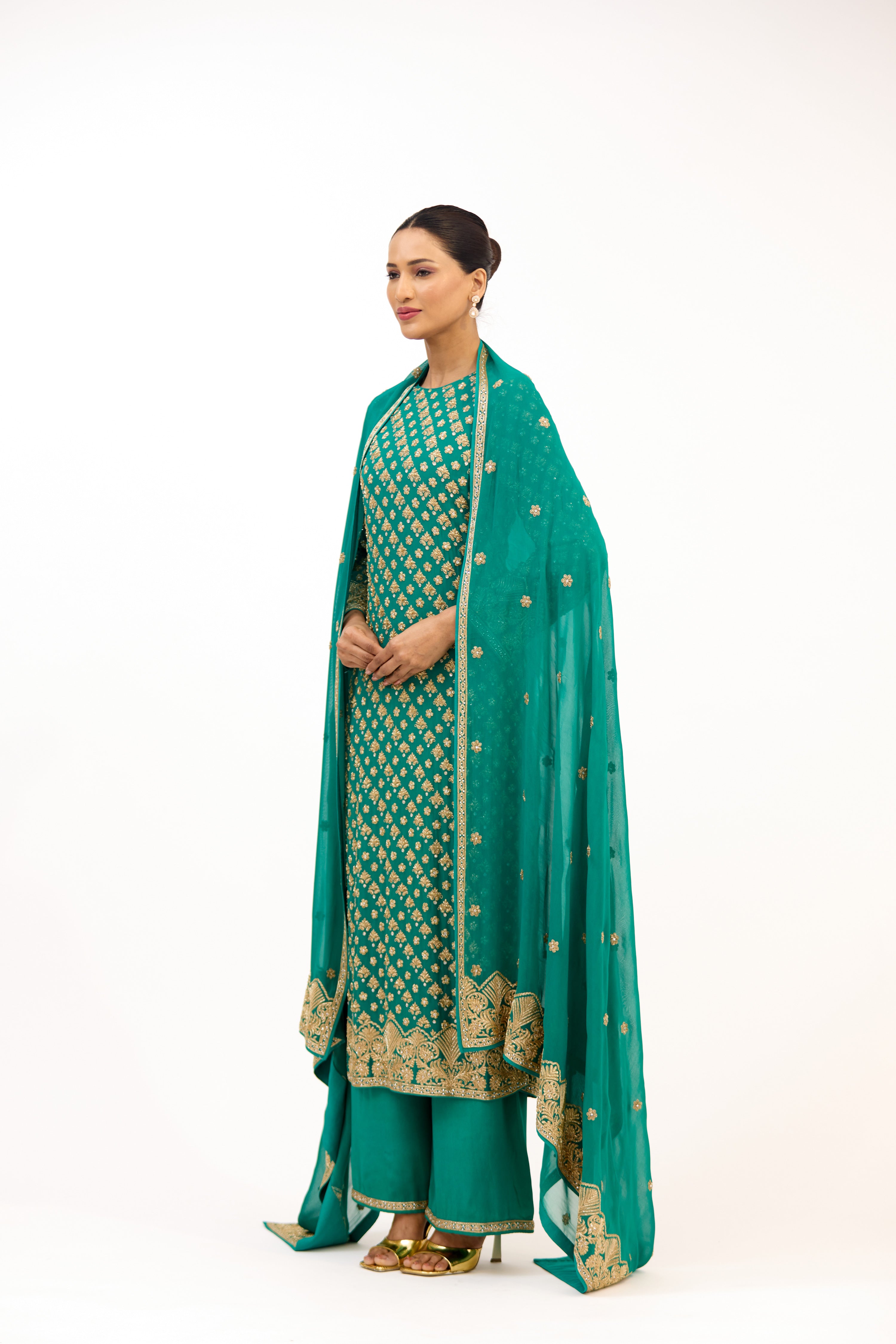 Teal Vastra Gold-Embroidered Bootidar Georgette Straight Suit Set