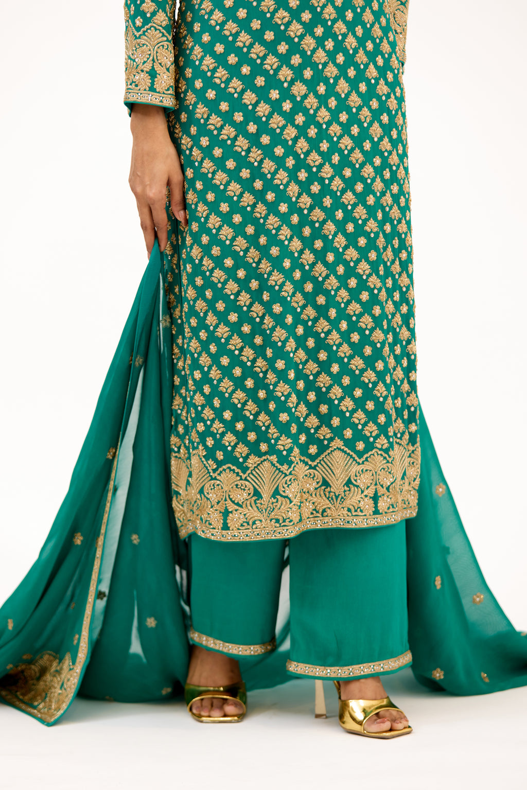 Teal Vastra Gold-Embroidered Bootidar Georgette Straight Suit Set