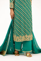 Teal Vastra Gold-Embroidered Bootidar Georgette Straight Suit Set