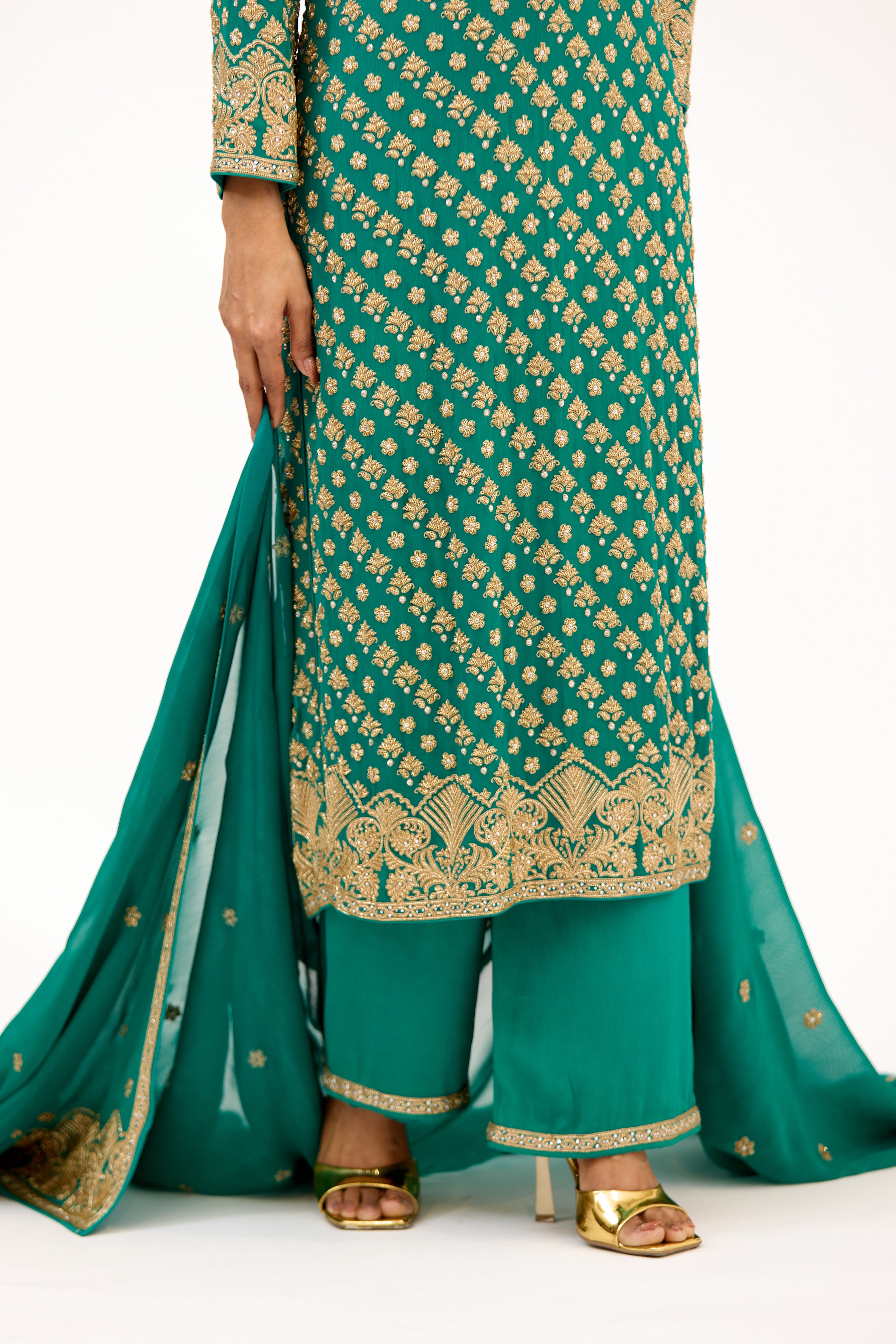 Teal Vastra Gold-Embroidered Bootidar Georgette Straight Suit Set