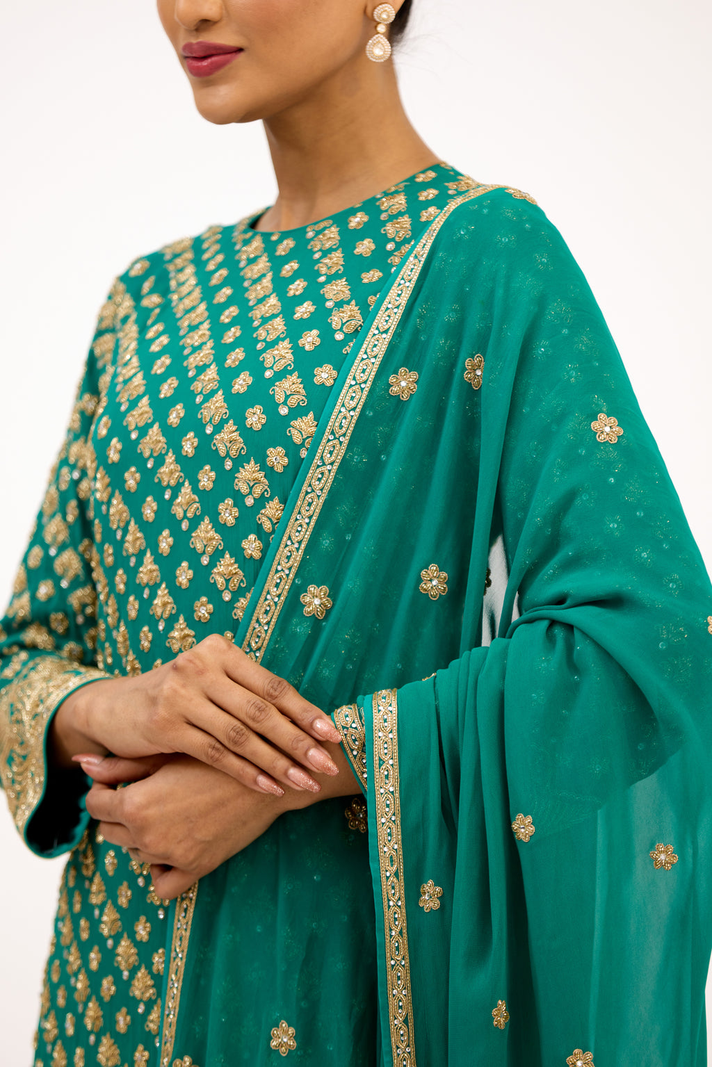 Teal Vastra Gold-Embroidered Bootidar Georgette Straight Suit Set