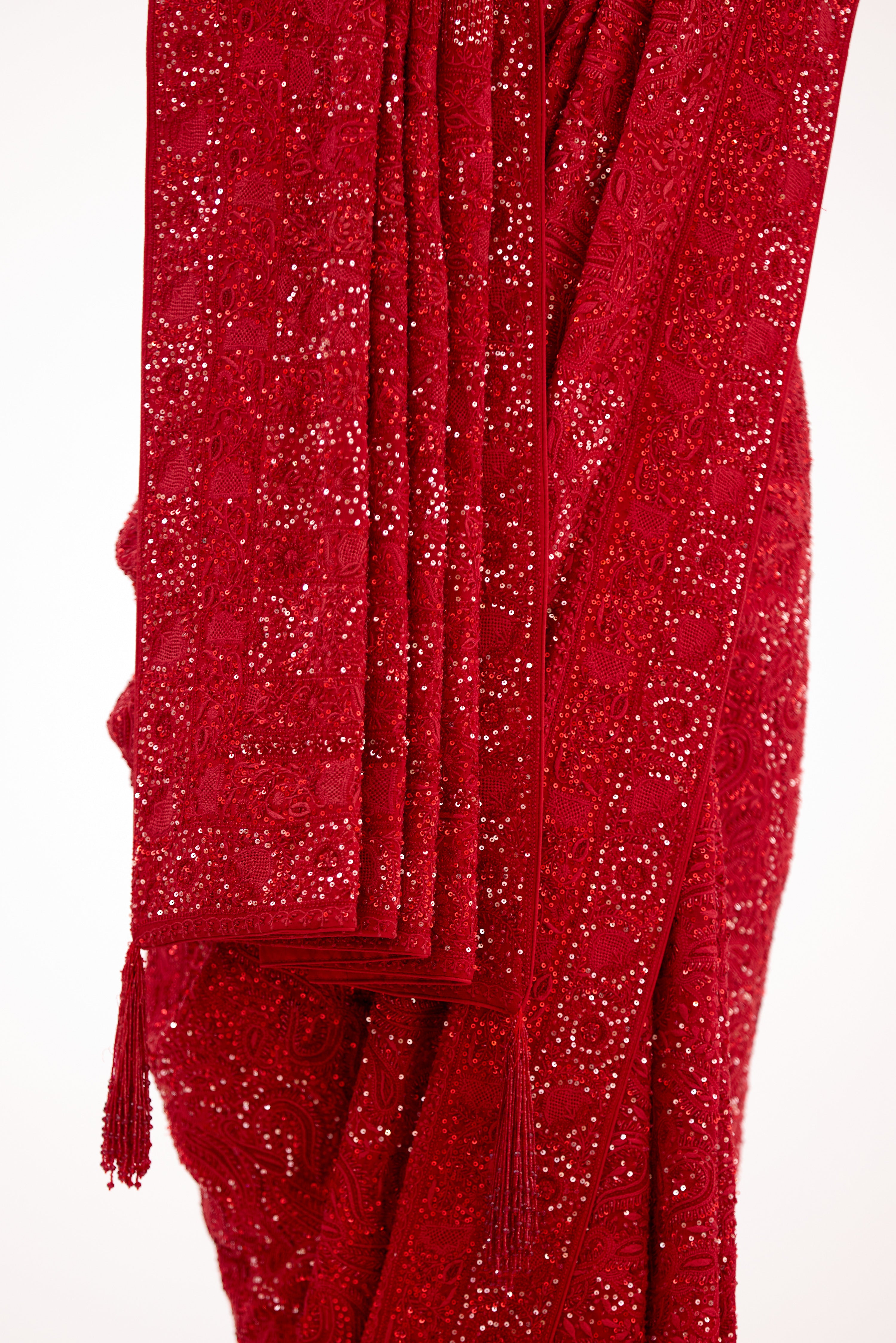 Ruby Red Heirloom Chikankari Saree