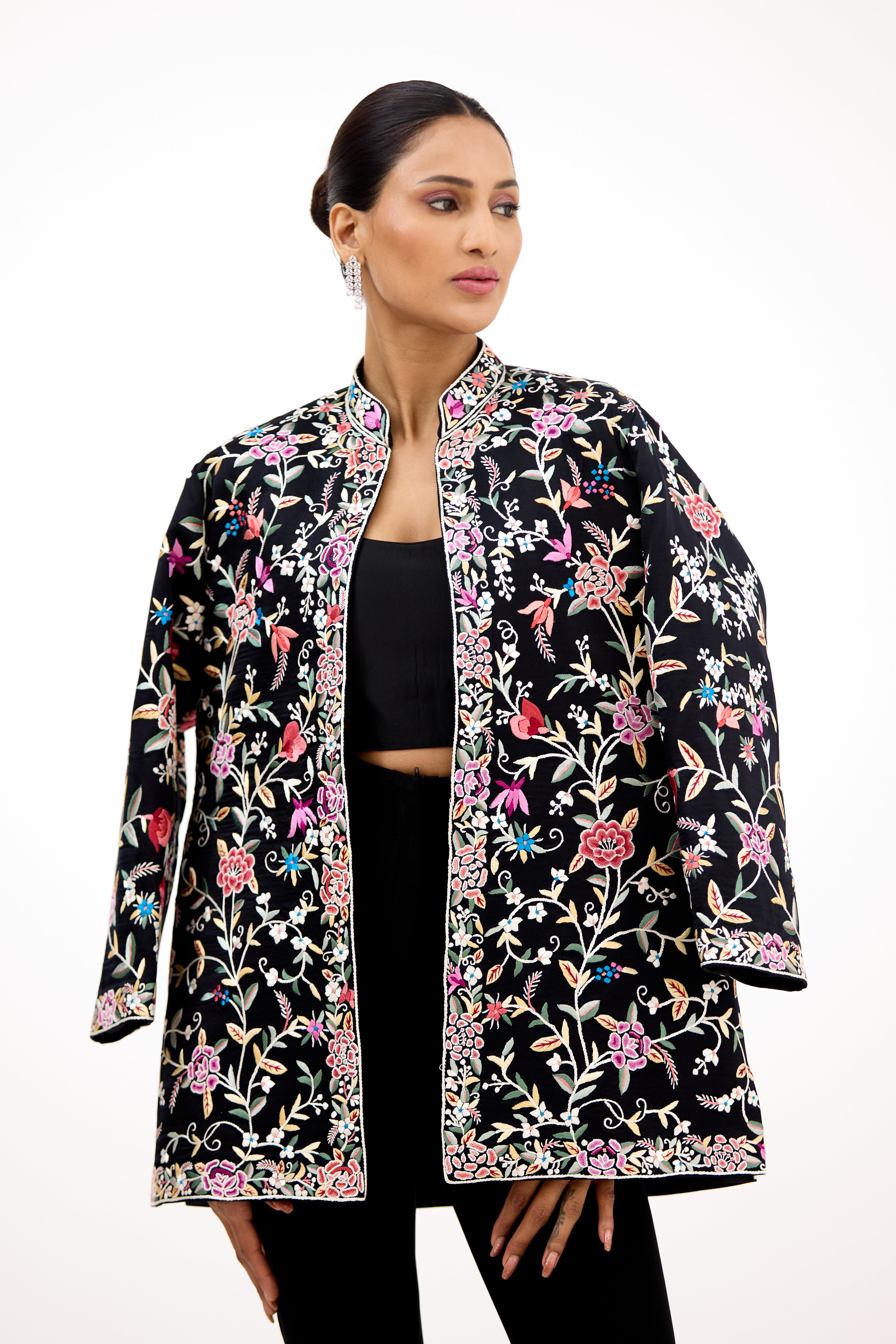 Dastoor-e-Parsi Gara French Knot Embellished Georgette Long Jacket