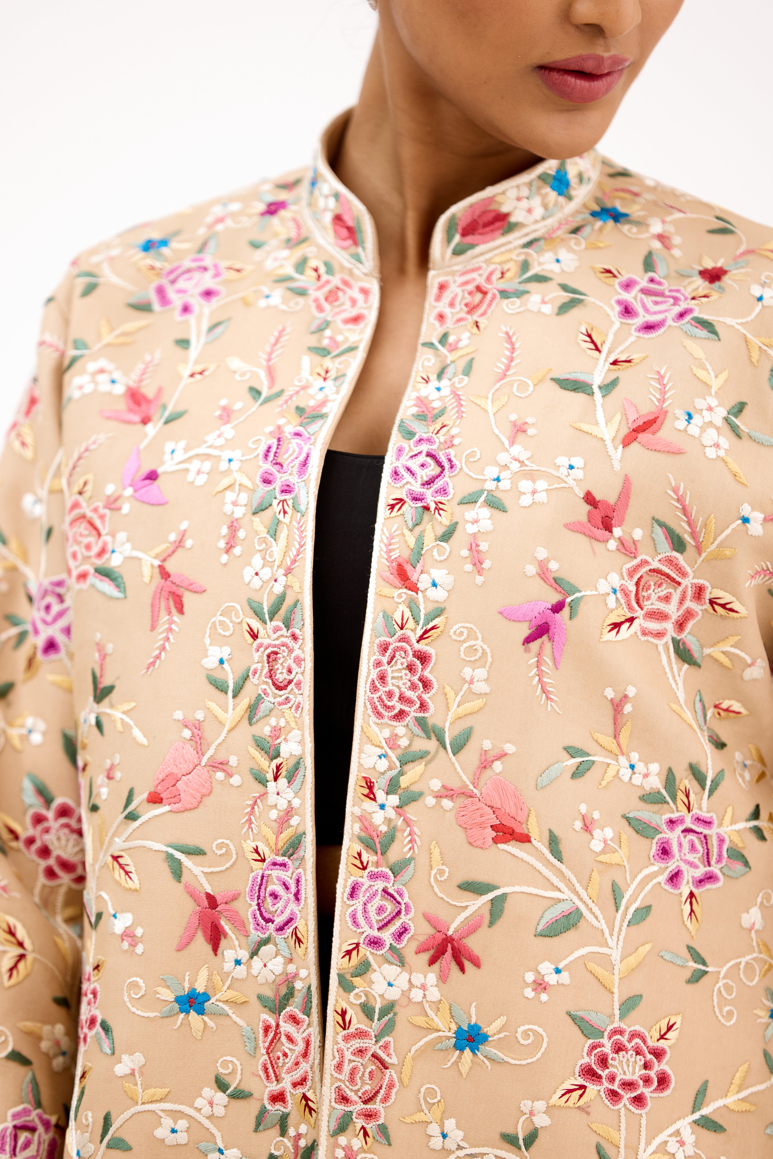 Rustomi Regal Parsi Gara Multicolour French Knot Georgette Jacket