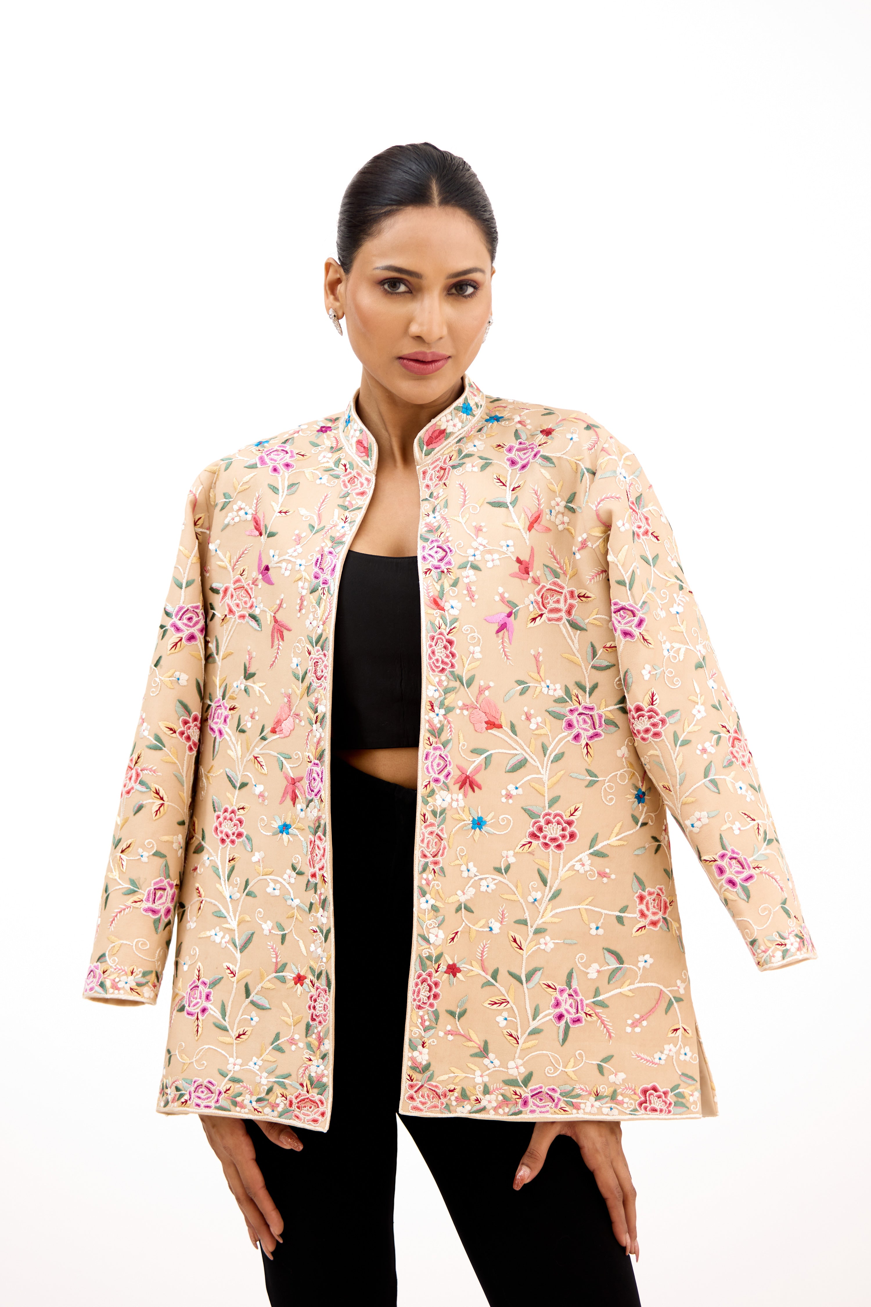 Rustomi Regal Parsi Gara Multicolour French Knot Georgette Jacket