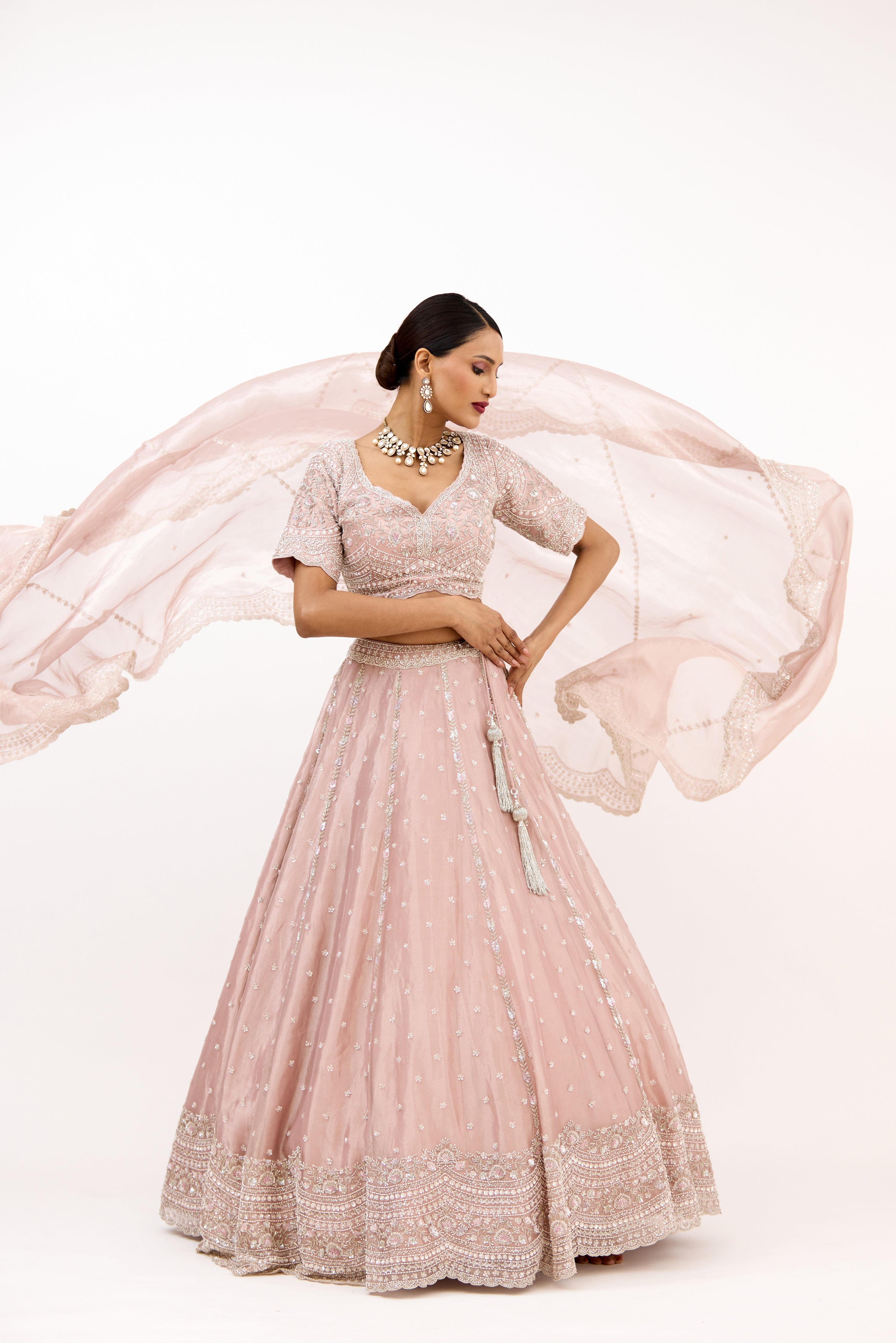 Mehrab-e-Noor Antique Cutdana, Pearl & Sequin Detailing Tissue Lehenga Set
