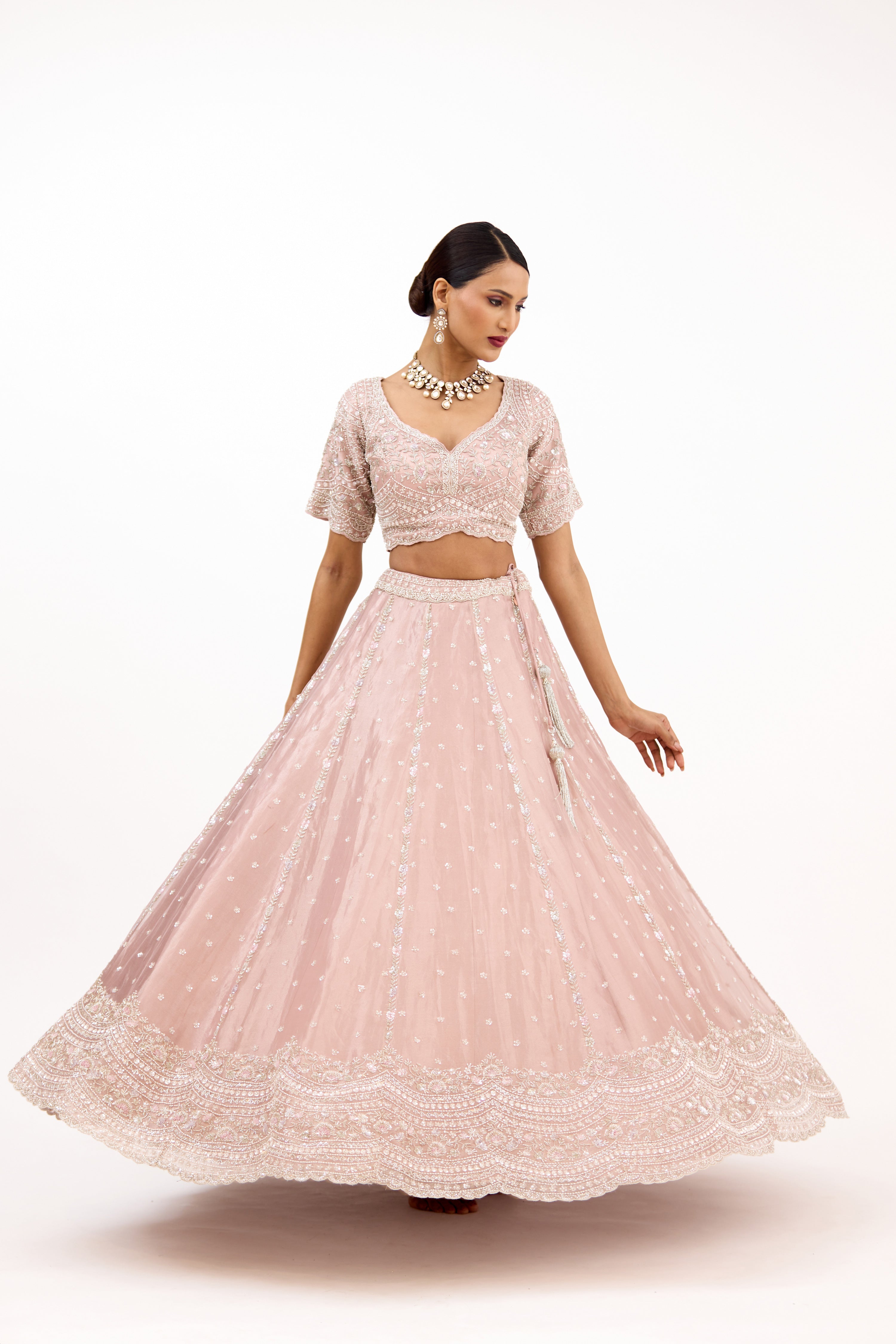 Mehrab-e-Noor Antique Cutdana, Pearl & Sequin Detailing Tissue Lehenga Set
