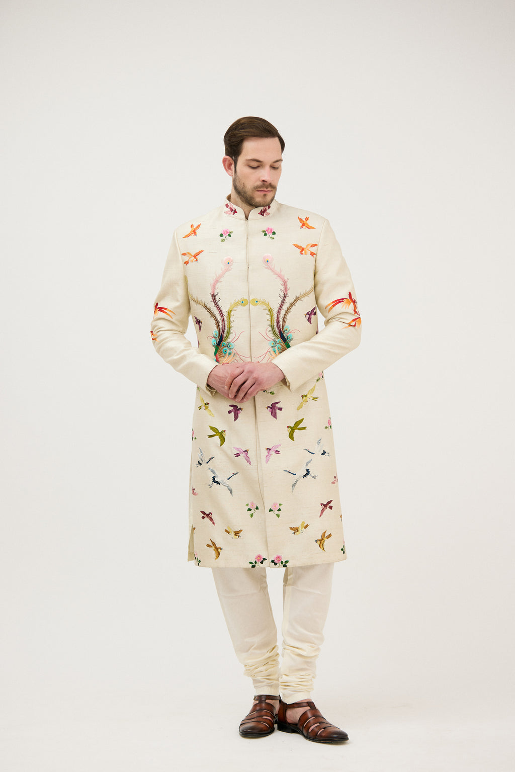 Multicolour Hand Resham Thread Embroidery Sherwani With Plain Kurta Set