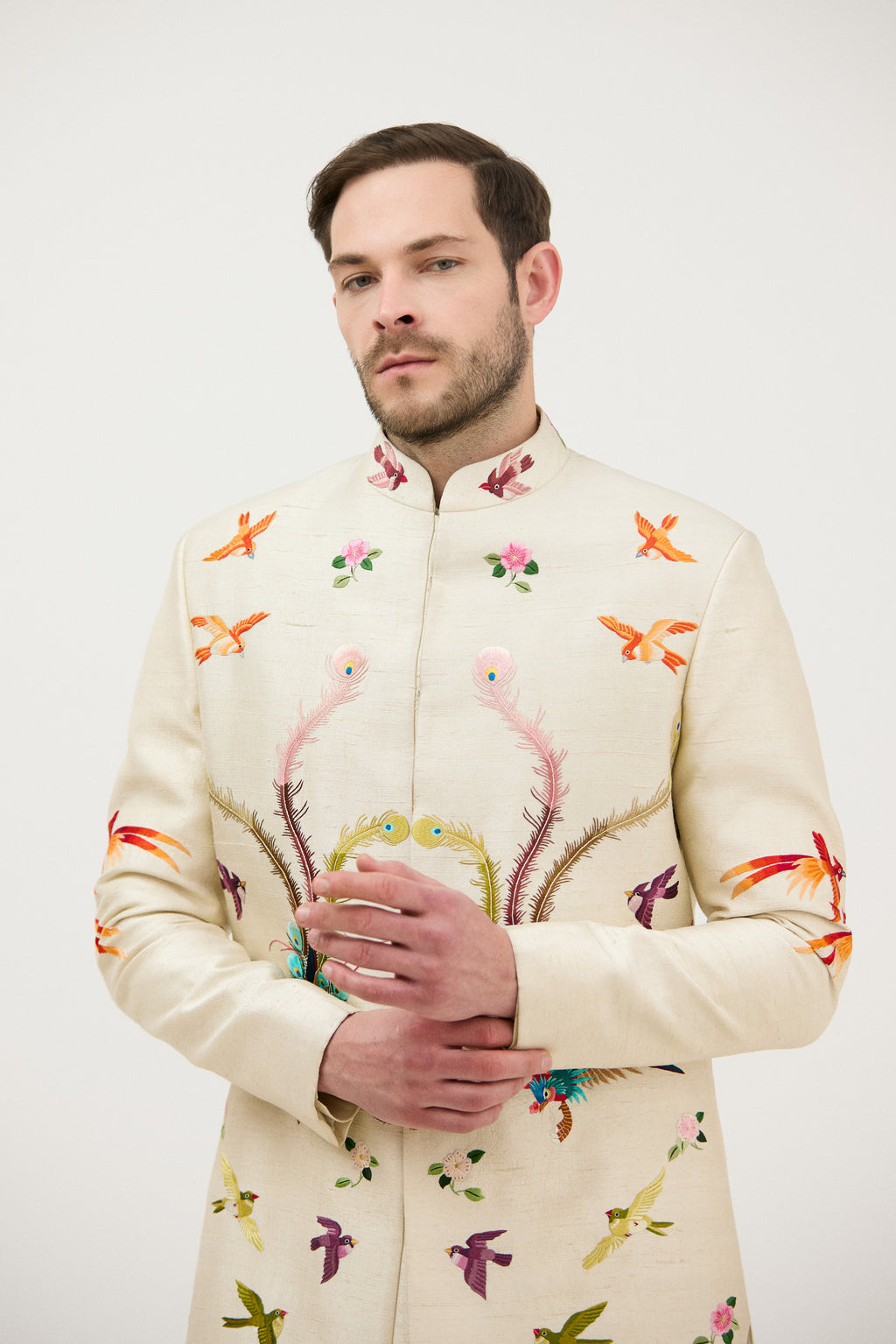 Multicolour Hand Resham Thread Embroidery Sherwani With Plain Kurta Set