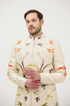 Multicolour Hand Resham Thread Embroidery Sherwani With Plain Kurta Set