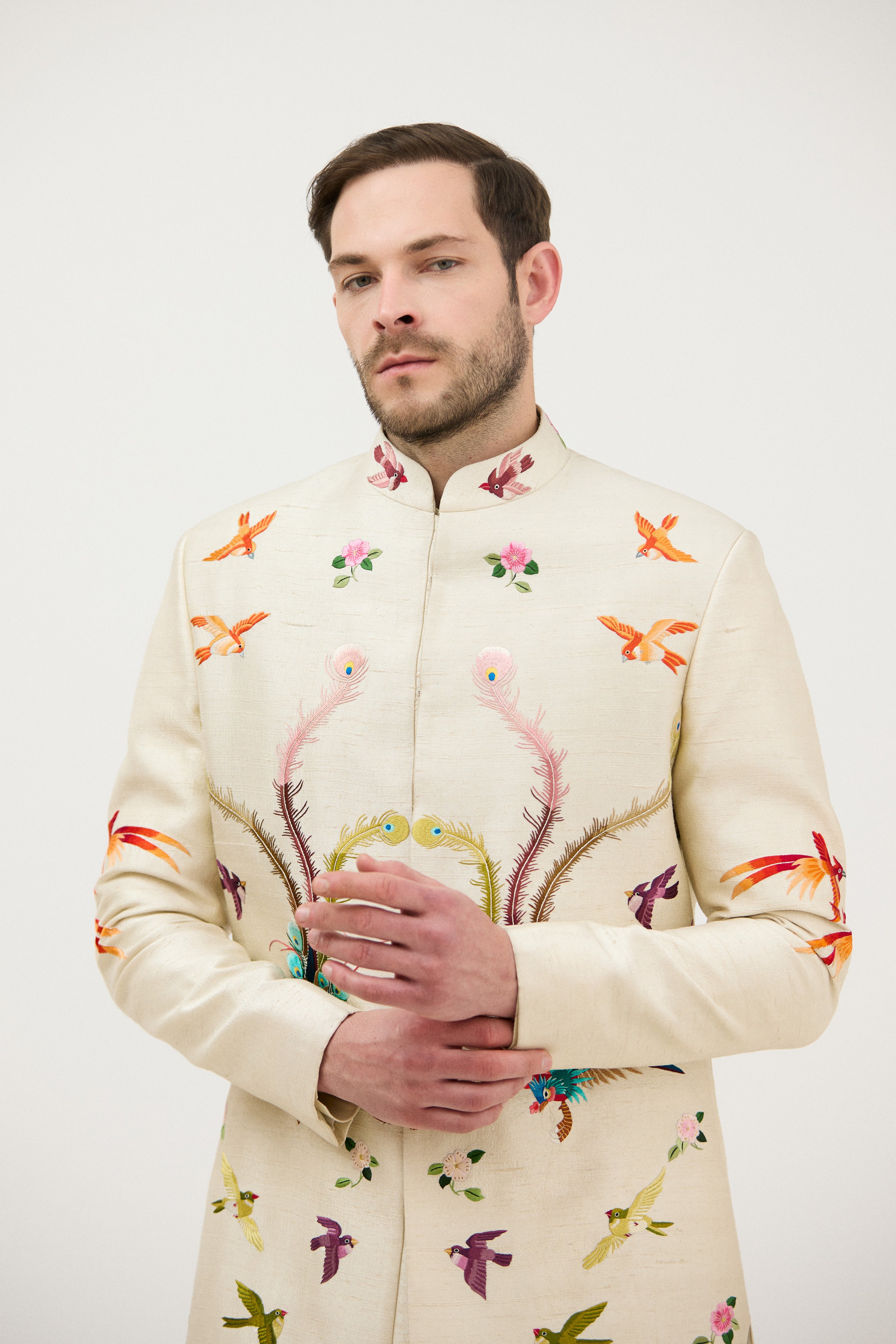 Multicolour Hand Resham Thread Embroidery Sherwani With Plain Kurta Set