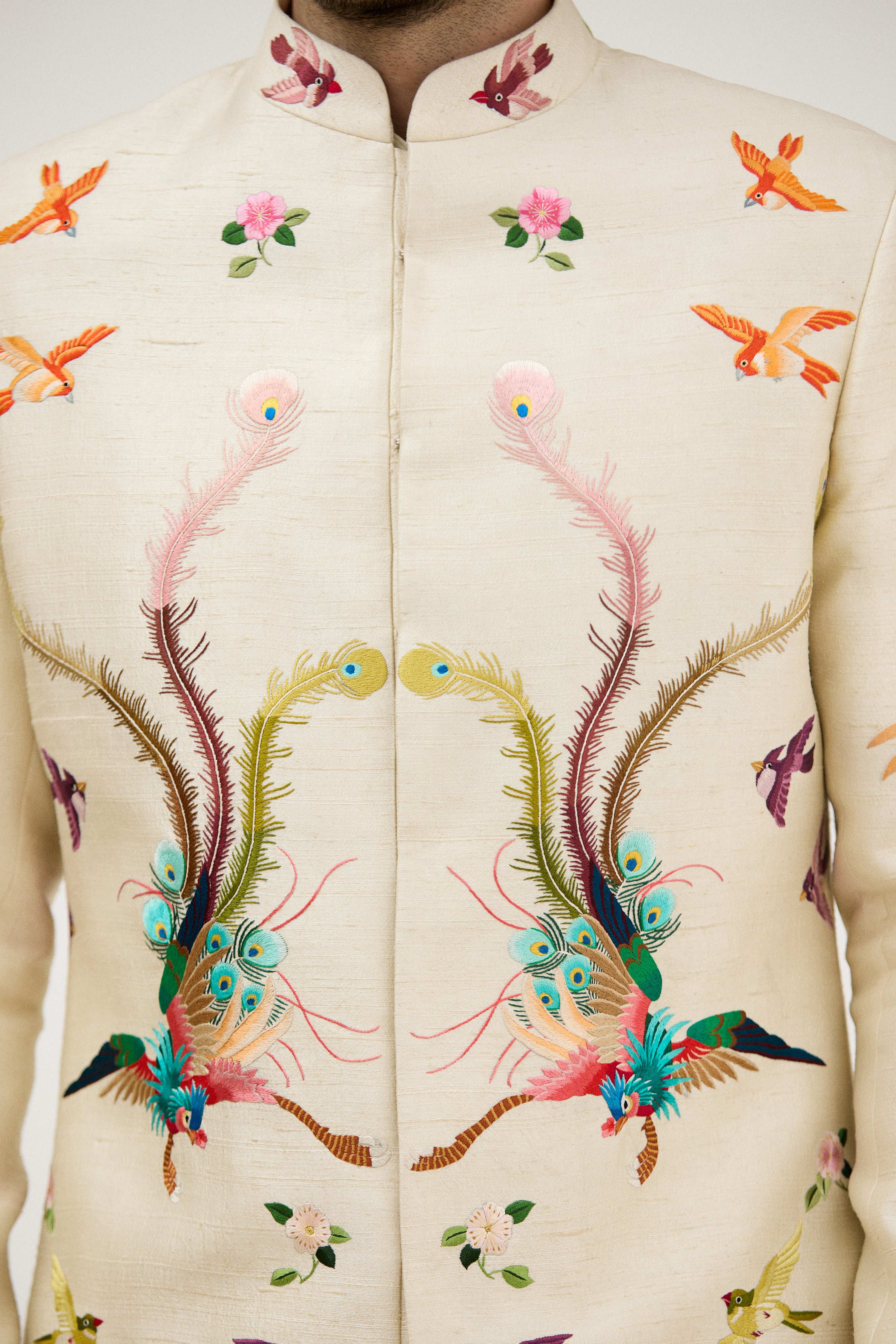 Multicolour Hand Resham Thread Embroidery Sherwani With Plain Kurta Set