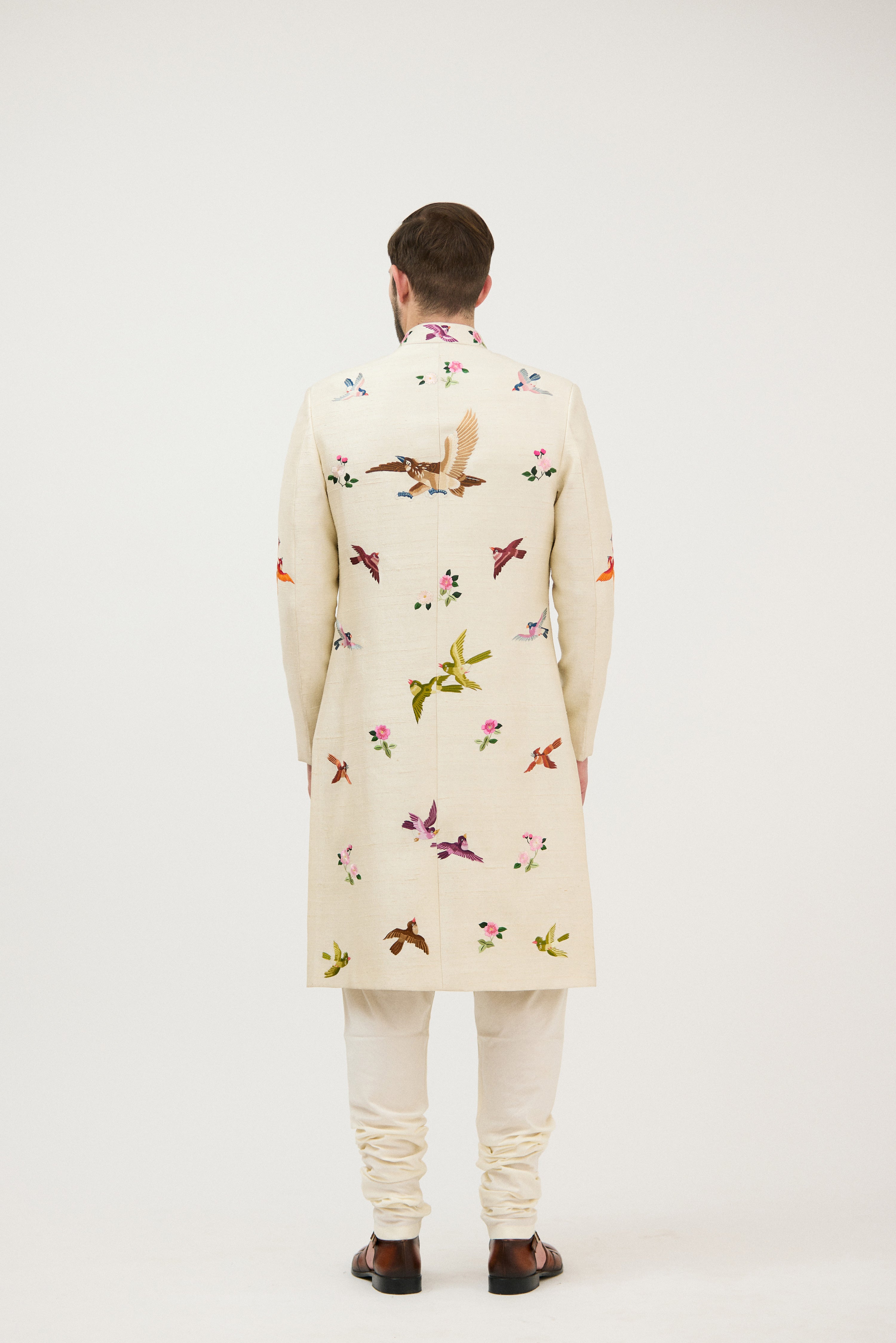 Multicolour Hand Resham Thread Embroidery Sherwani With Plain Kurta Set