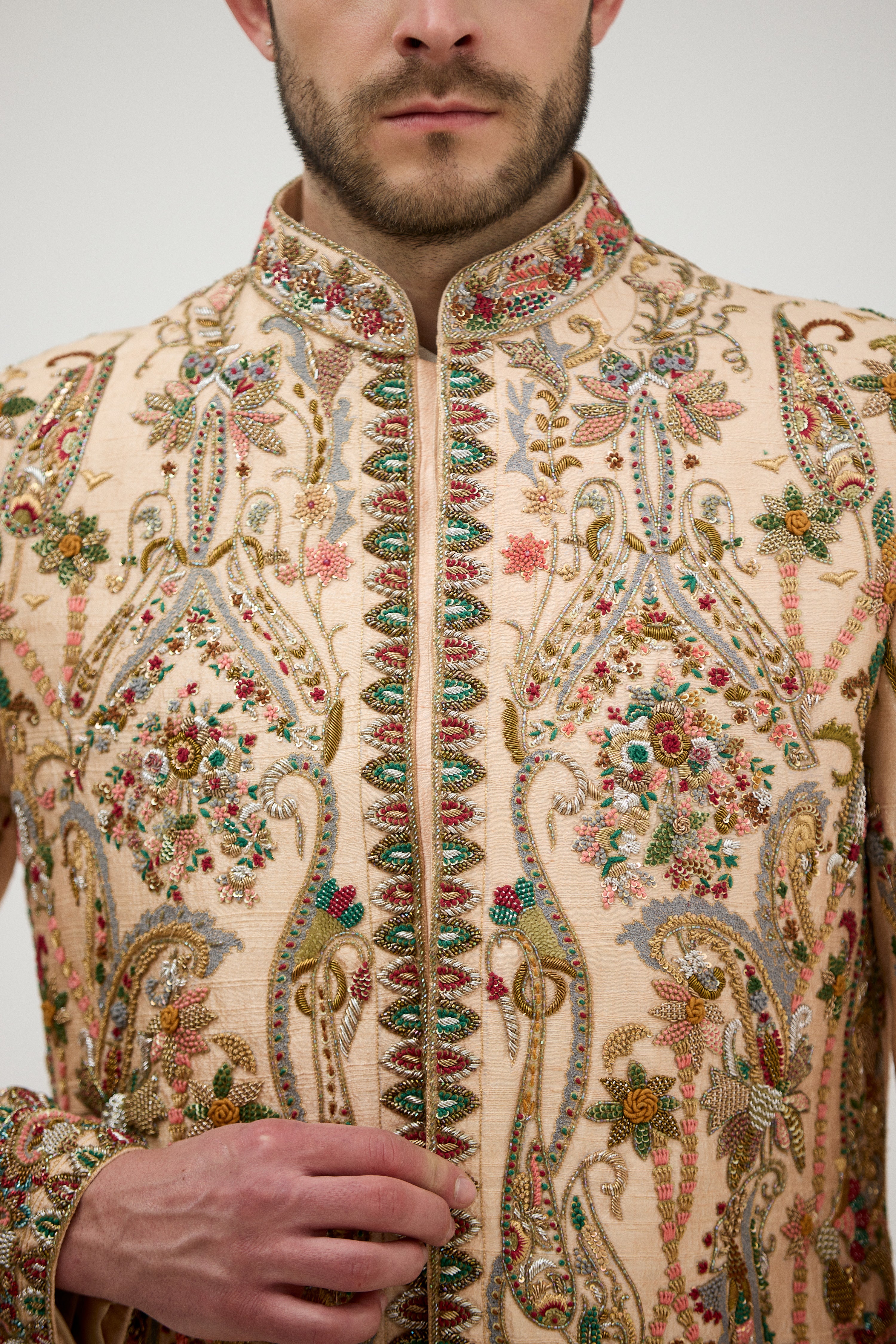 Dabka Zari Resham Work Sherwani With Plain Kurta Set