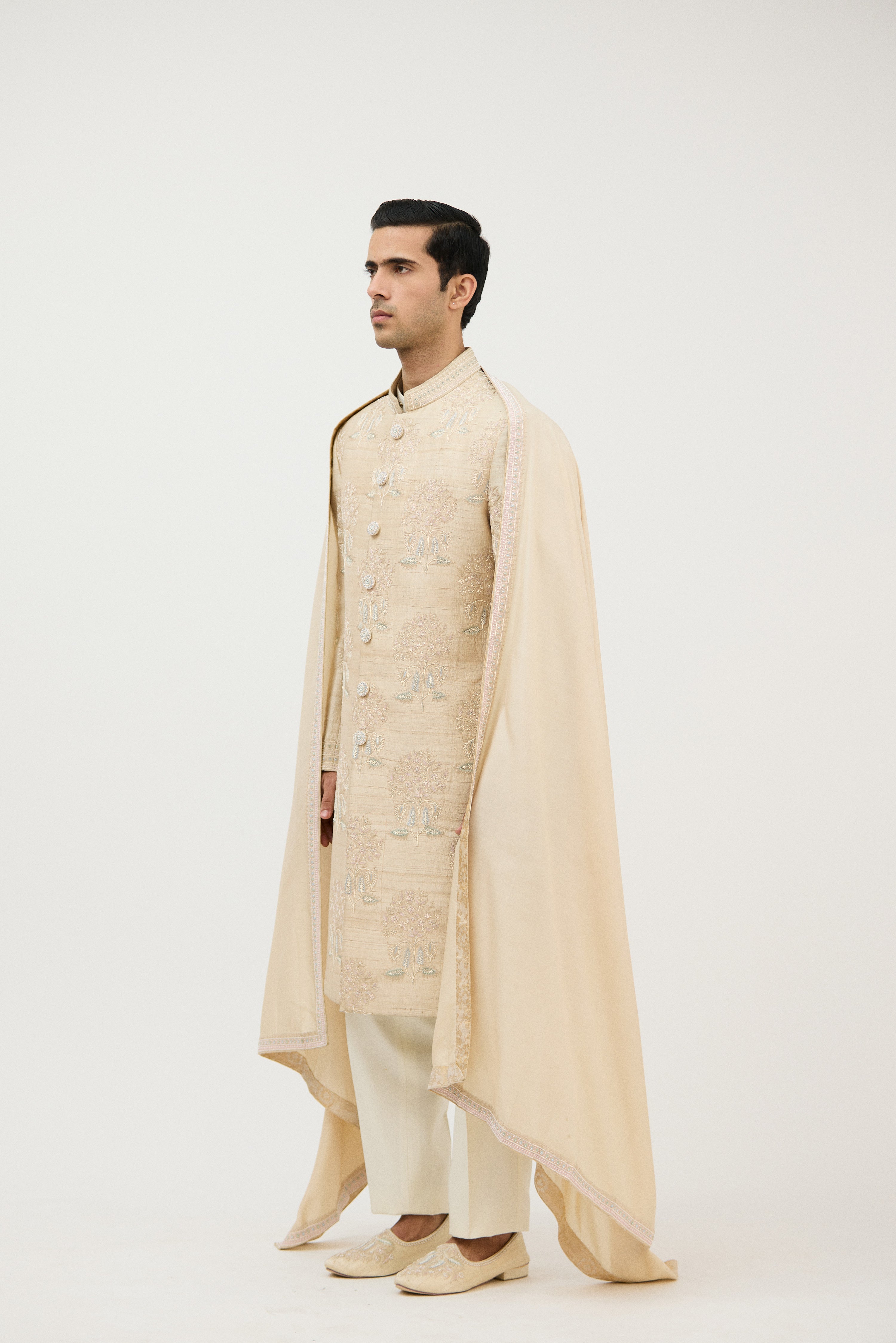 Signature Nawabi Resham Beads Sherwani With Plain Kurta Set