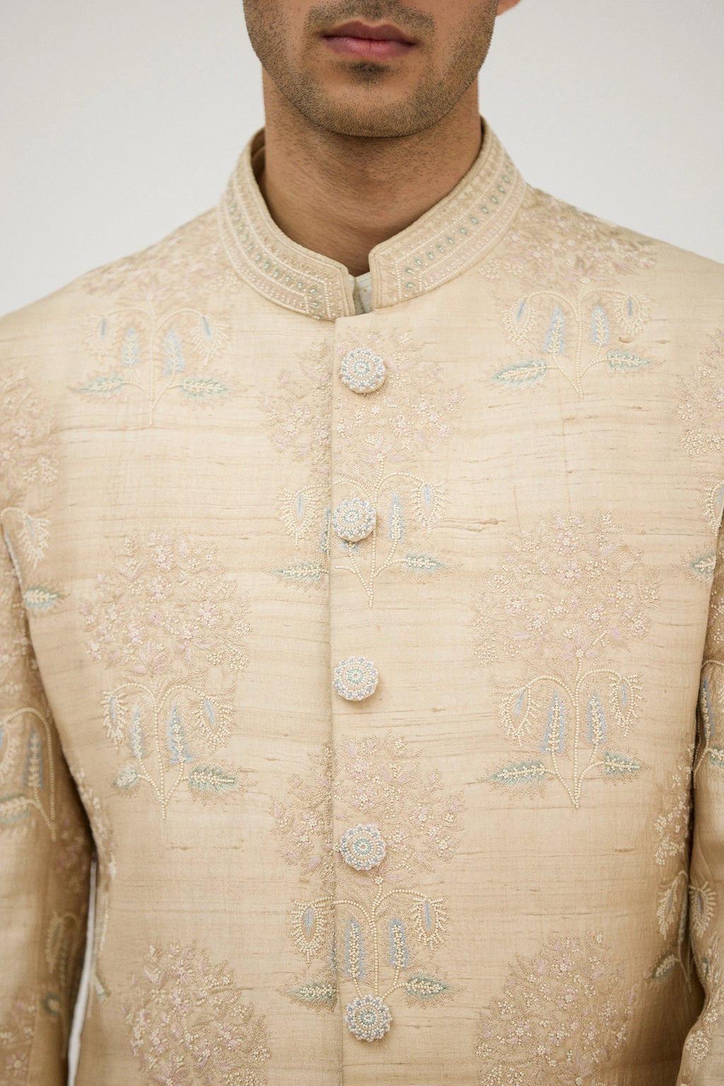 Signature Nawabi Resham Beads Sherwani With Plain Kurta Set