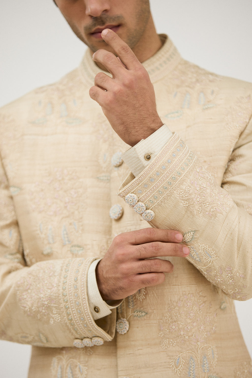 Signature Nawabi Resham Beads Sherwani With Plain Kurta Set
