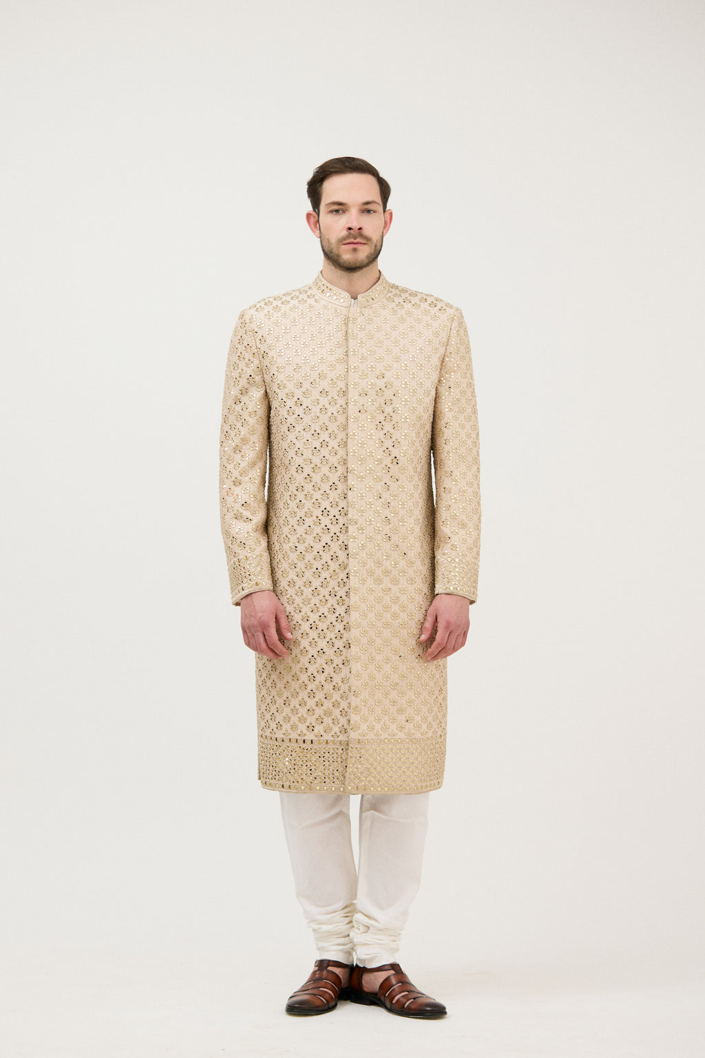 Sunehri Sheesh Mahal Resham Embroidered Sherwani With Kurta Set