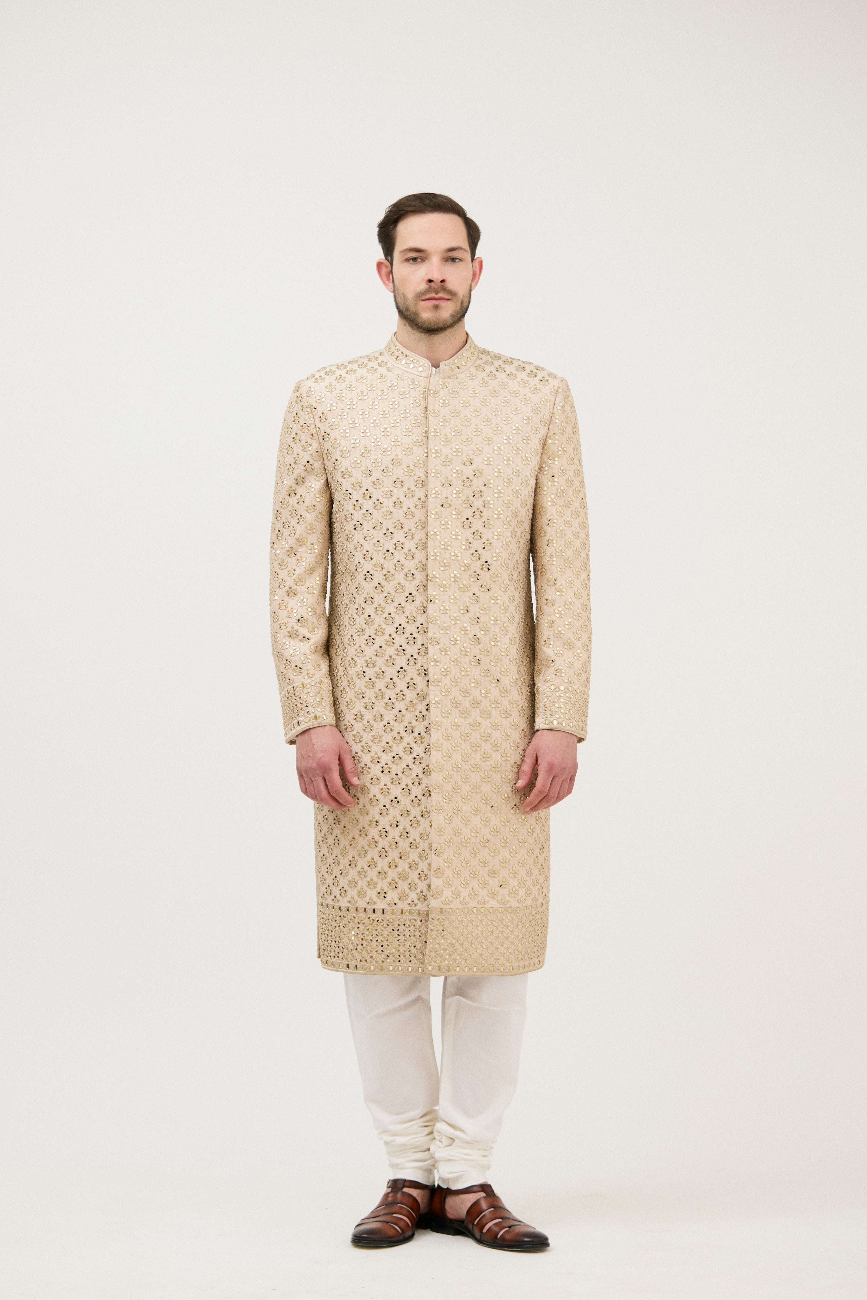 Sunehri Sheesh Mahal Resham Embroidered Sherwani With Kurta Set