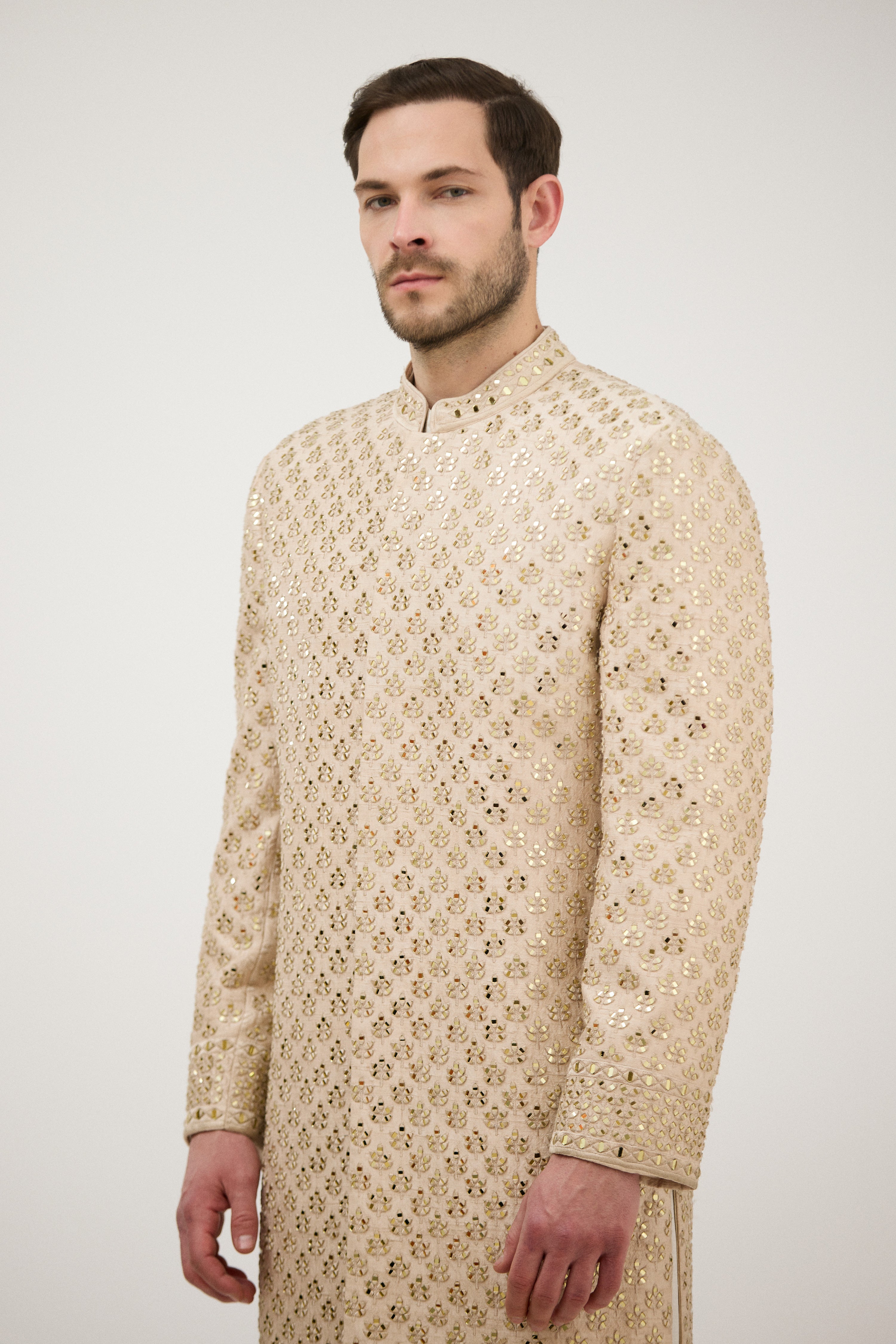 Sunehri Sheesh Mahal Resham Embroidered Sherwani With Kurta Set