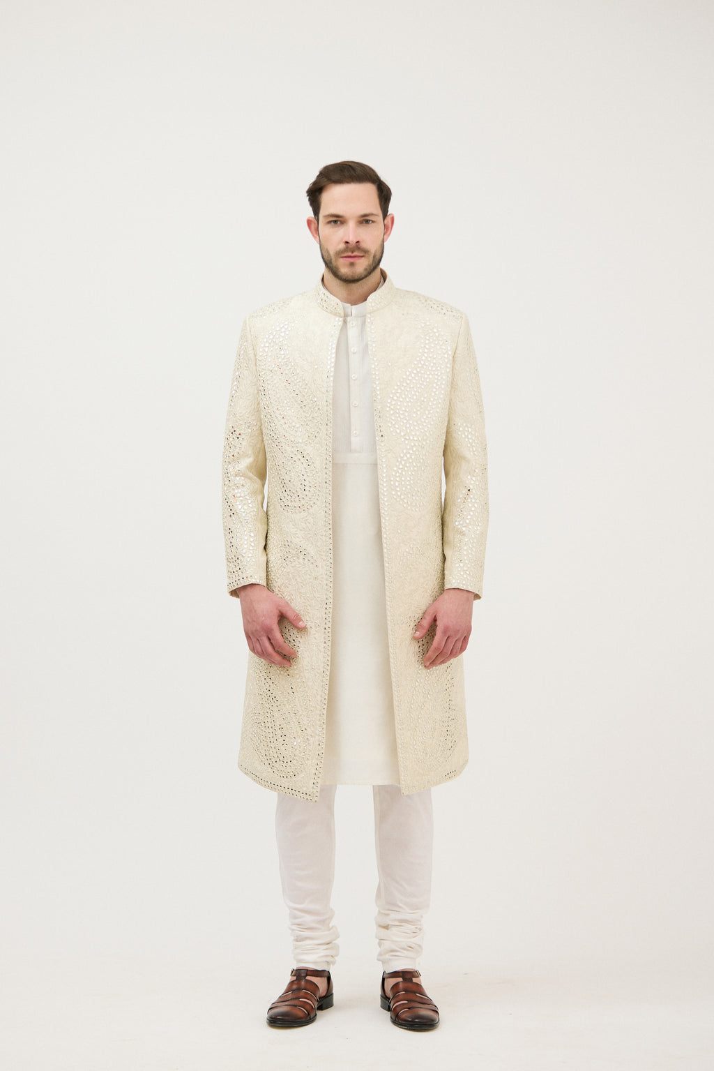 Darbar-e-Khaas Front-Open Mirror Embroidered Achkan Sherwani with Kurta Set