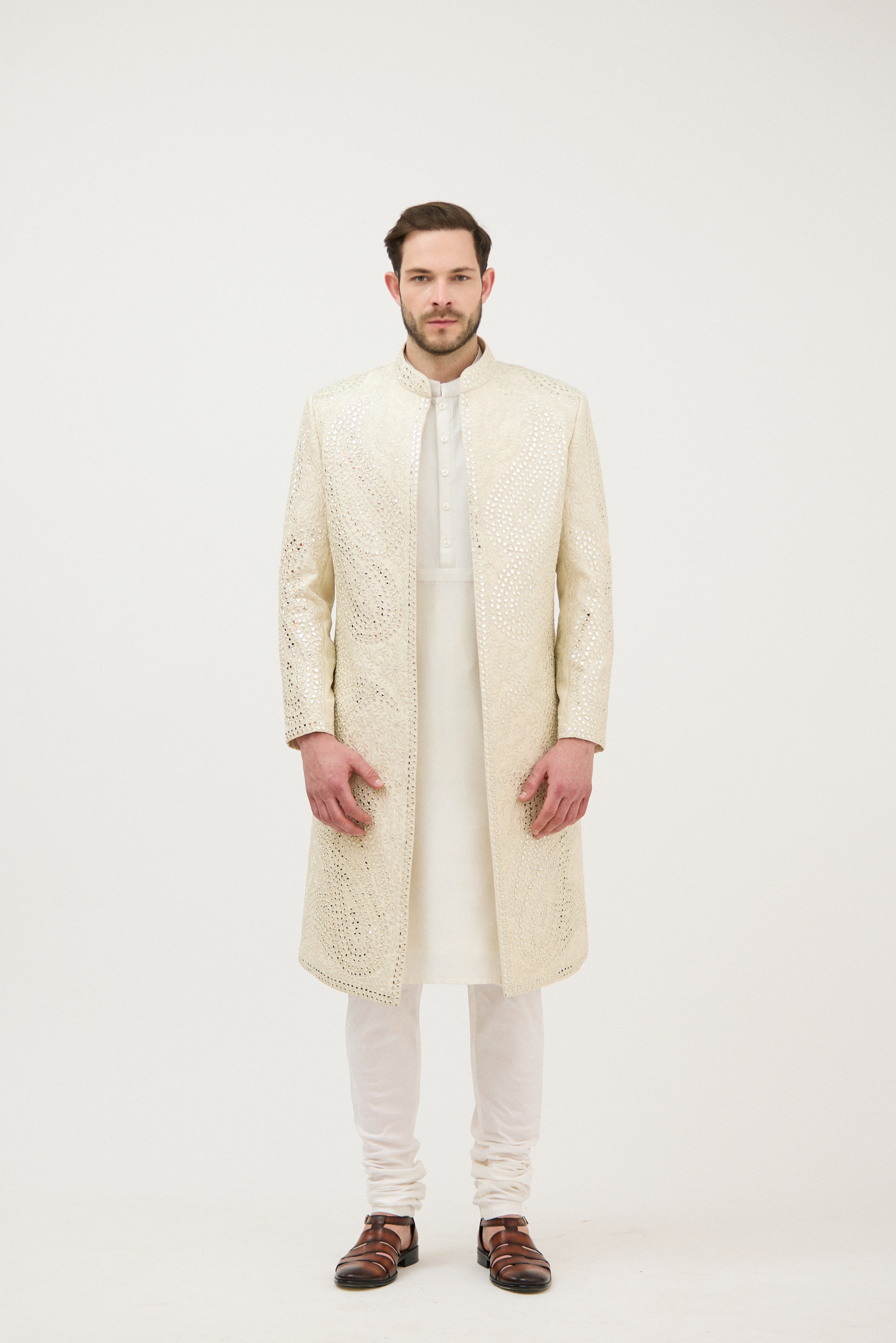 Darbar-e-Khaas Front-Open Mirror Embroidered Achkan Sherwani with Kurta Set