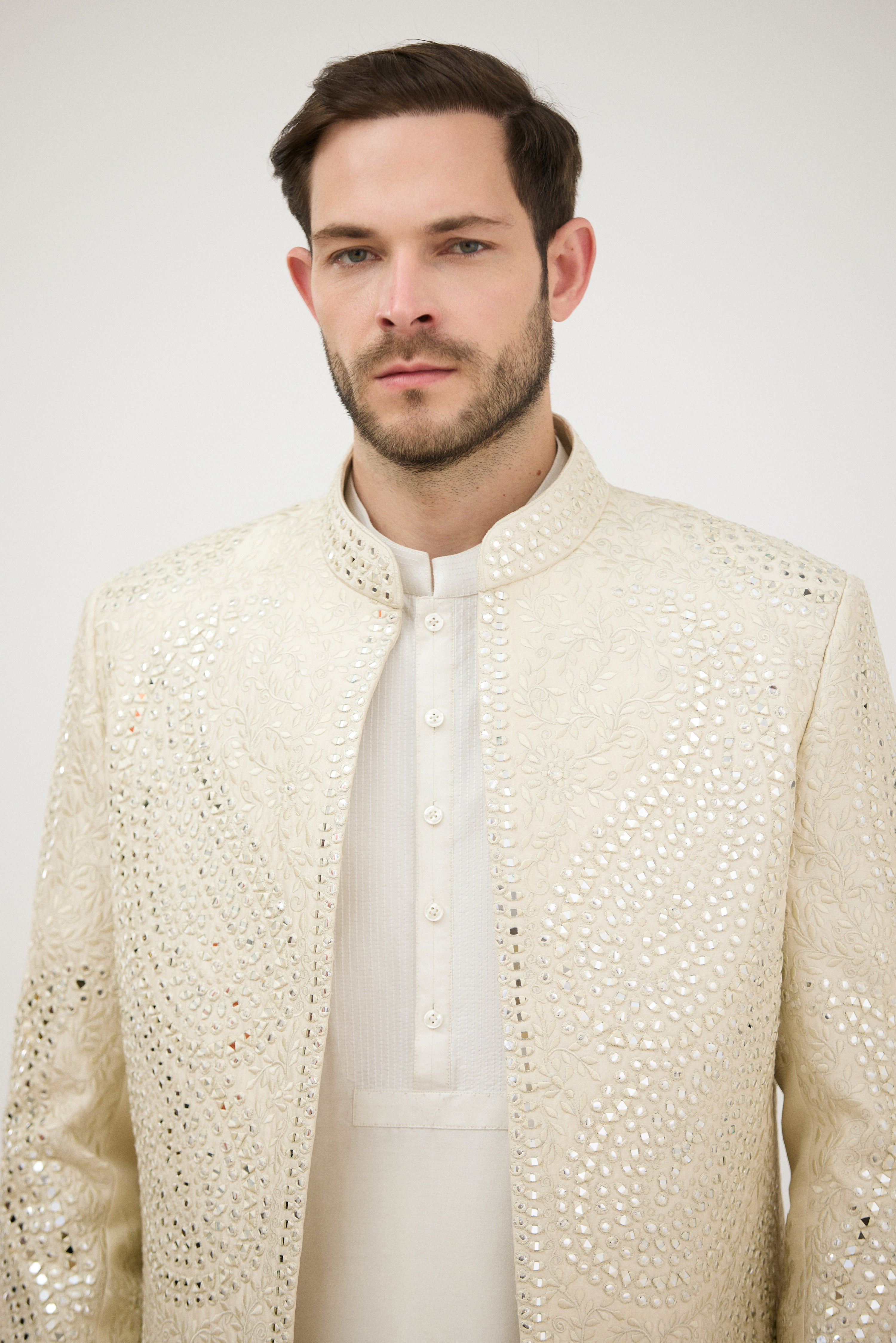 Darbar-e-Khaas Front-Open Mirror Embroidered Achkan Sherwani with Kurta Set