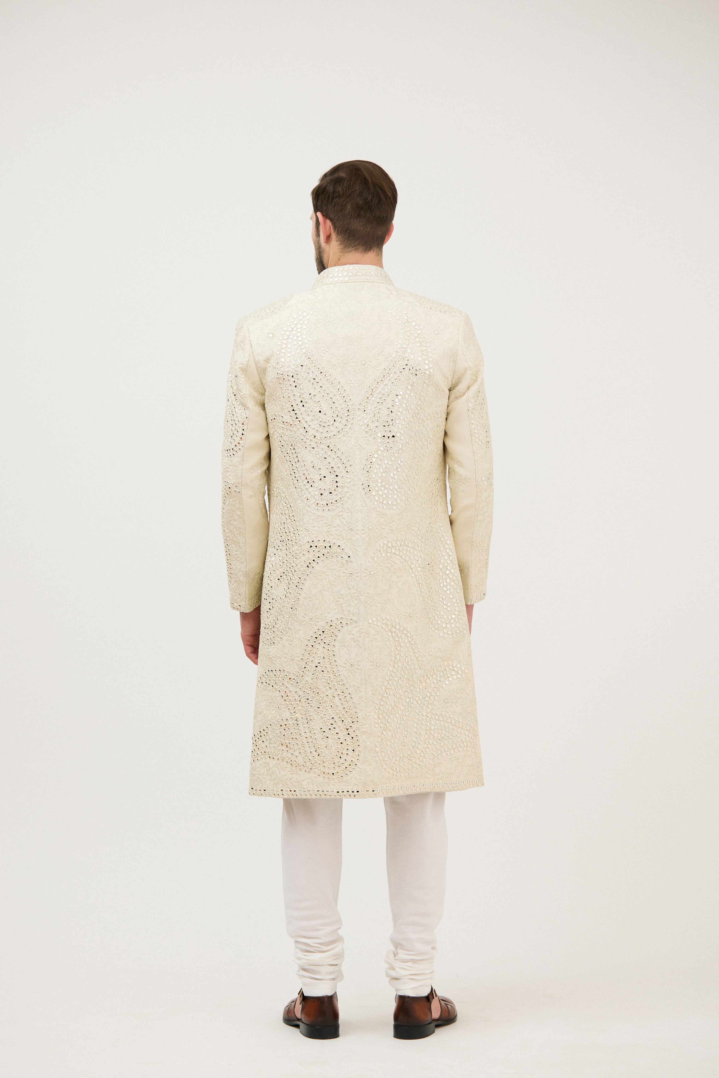 Darbar-e-Khaas Front-Open Mirror Embroidered Achkan Sherwani with Kurta Set
