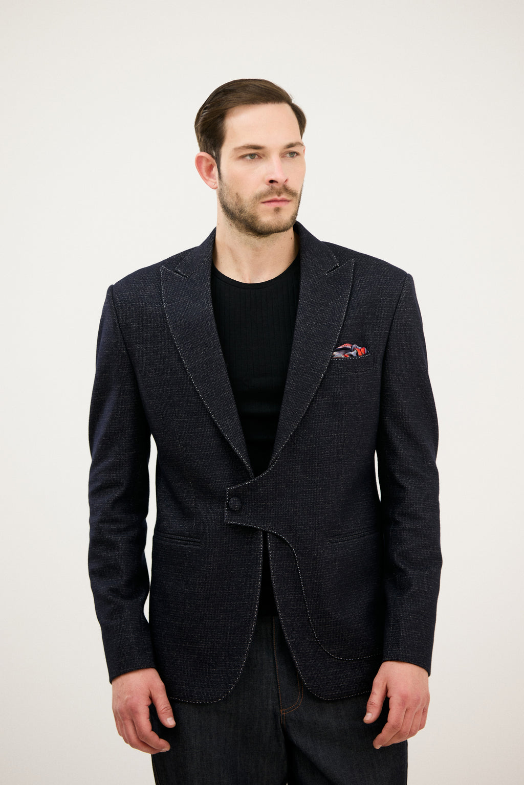 Mehfil-e-Darbar Notch Lapel with Curved Wrap-Style Blazer